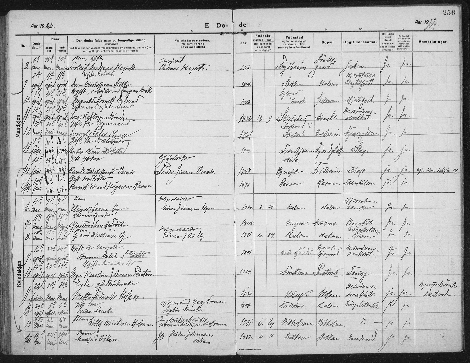 Ministerialprotokoller, klokkerbøker og fødselsregistre - Nord-Trøndelag, AV/SAT-A-1458/709/L0083: Parish register (official) no. 709A23, 1916-1928, p. 256