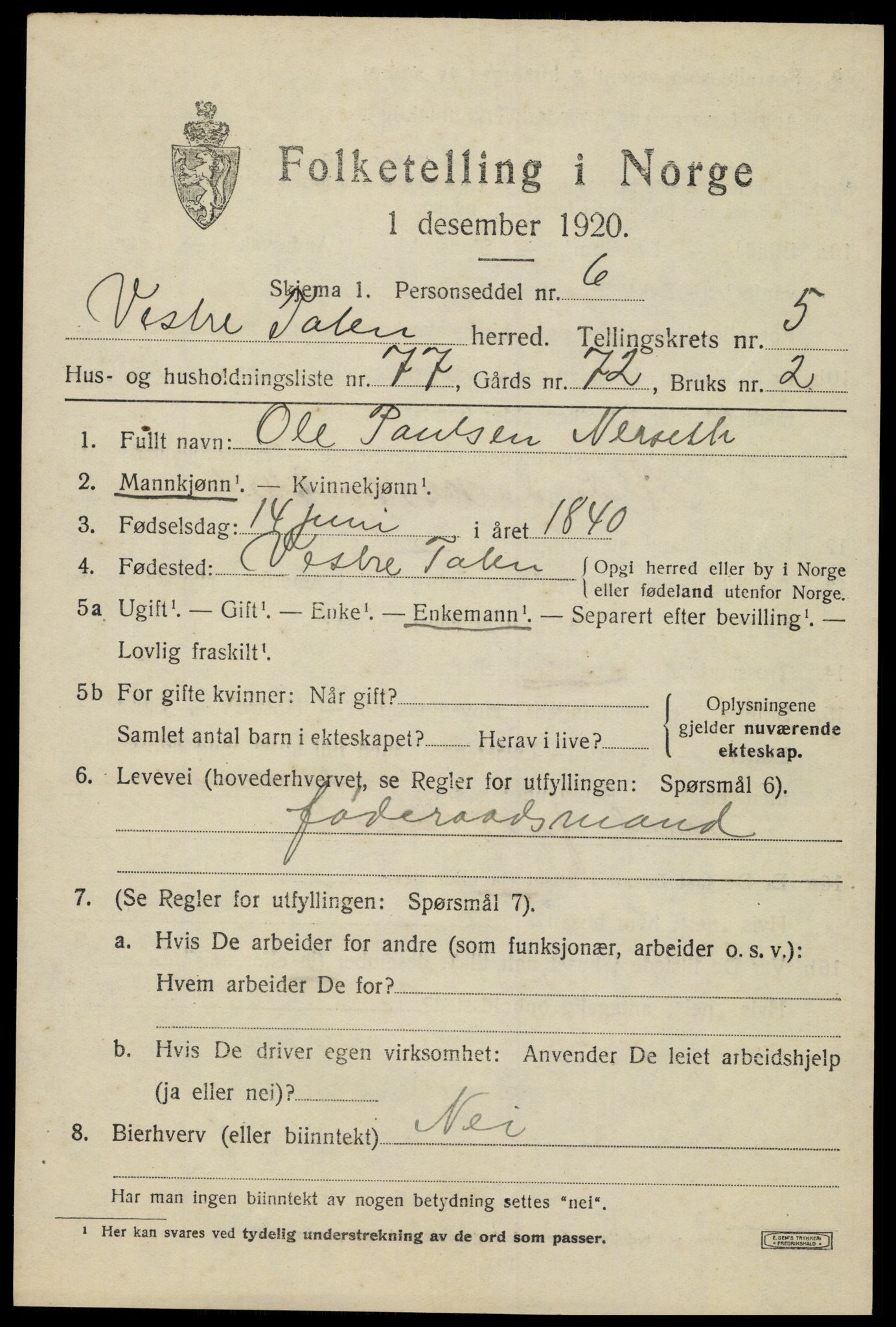 SAH, 1920 census for Vestre Toten, 1920, p. 8180