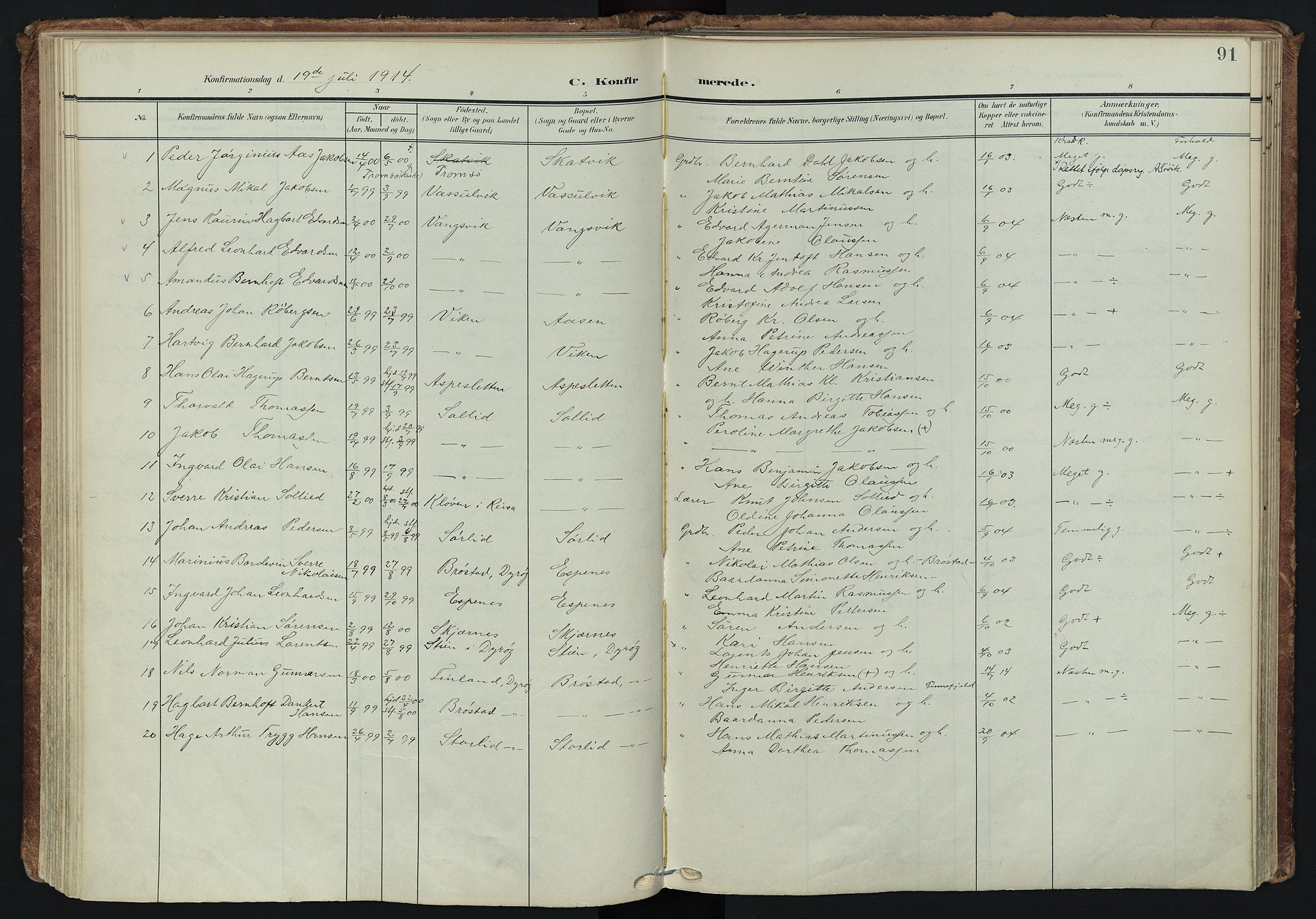 Tranøy sokneprestkontor, SATØ/S-1313/I/Ia/Iaa/L0014kirke: Parish register (official) no. 14, 1905-1919, p. 91