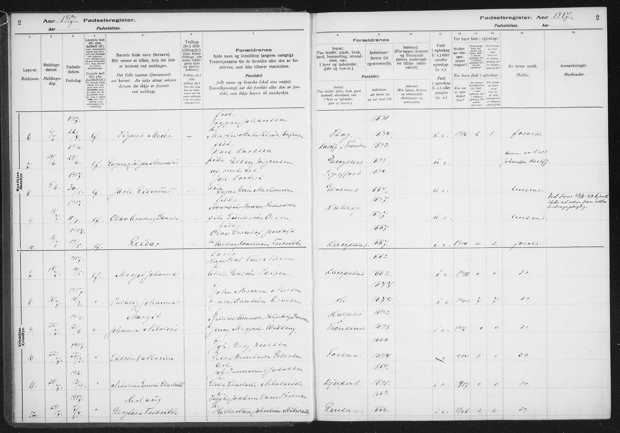 Ibestad sokneprestembete, AV/SATØ-S-0077/I/Ic/L0061: Birth register no. 61, 1917-1929, p. 2