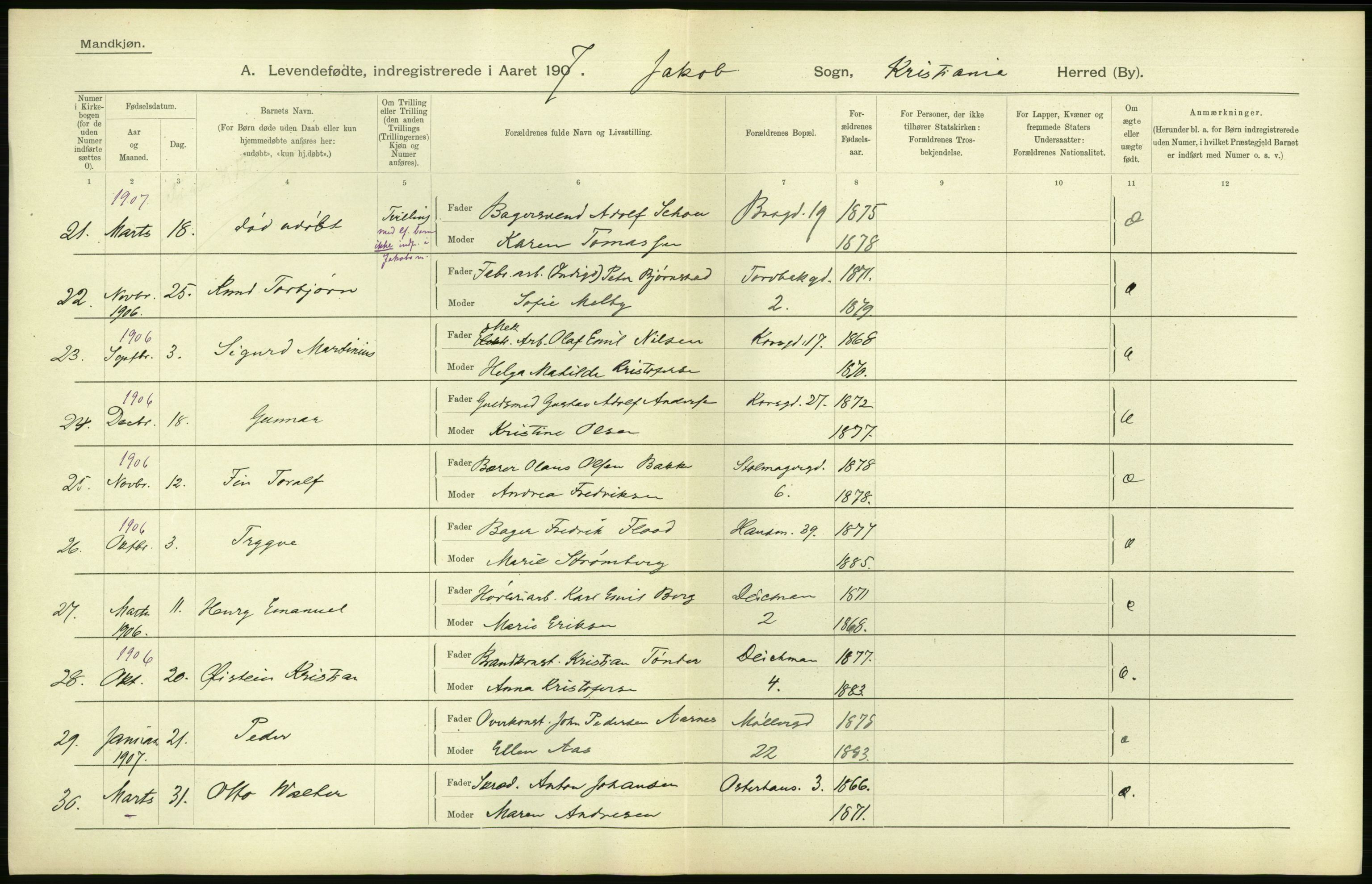 Statistisk sentralbyrå, Sosiodemografiske emner, Befolkning, AV/RA-S-2228/D/Df/Dfa/Dfae/L0007: Kristiania: Levendefødte menn og kvinner., 1907, p. 388