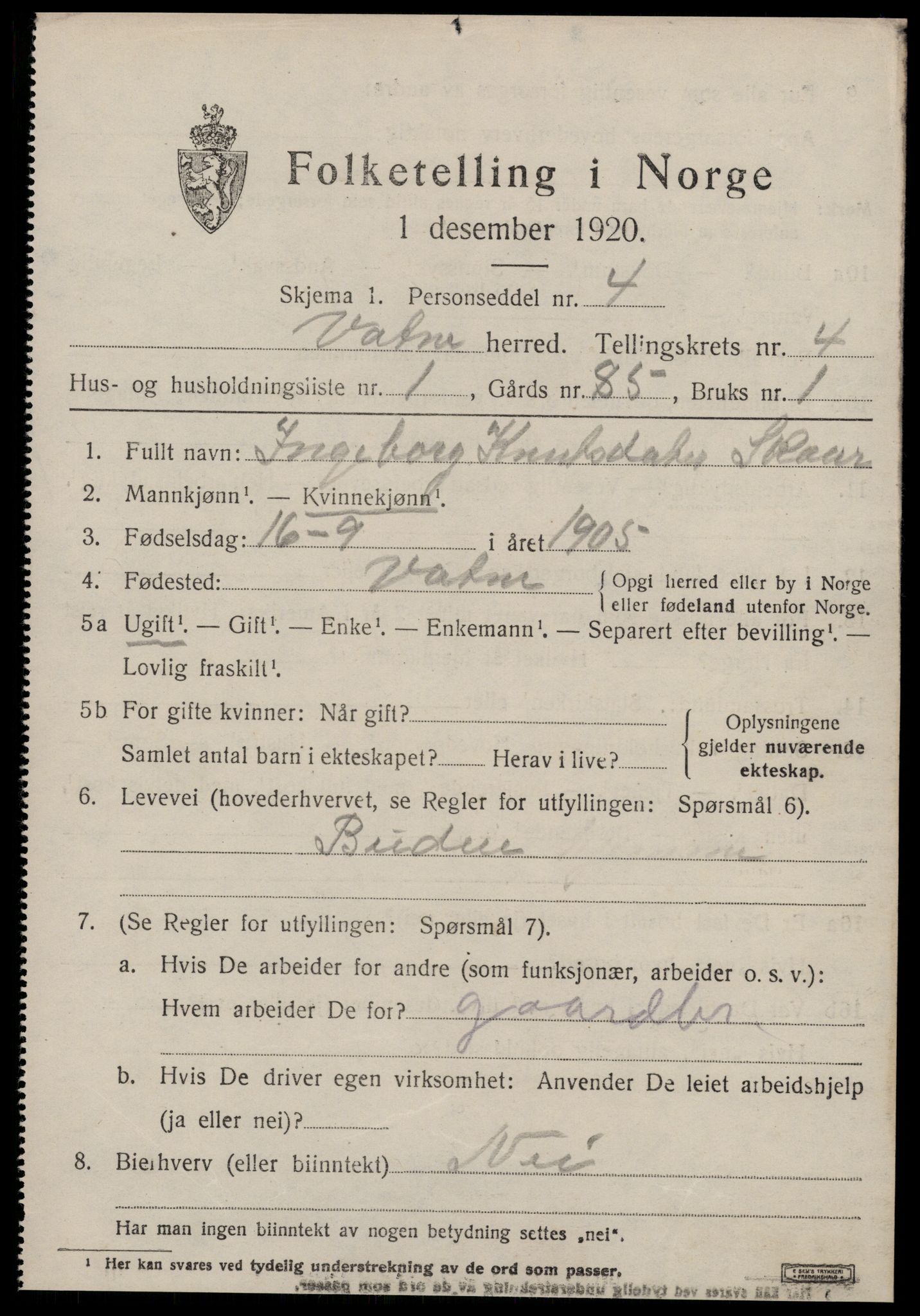 SAT, 1920 census for Vatne, 1920, p. 1818