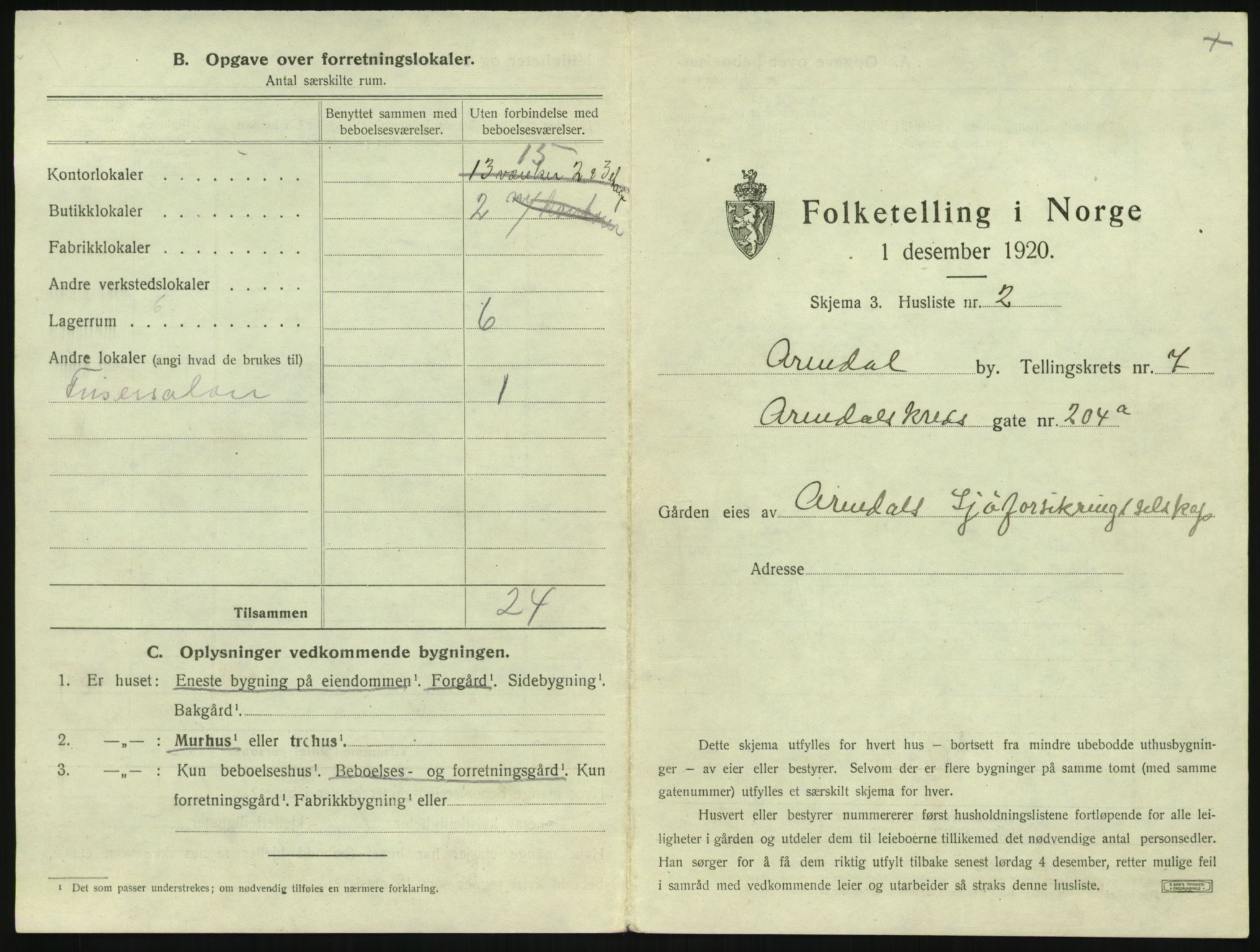 SAK, 1920 census for Arendal, 1920, p. 854