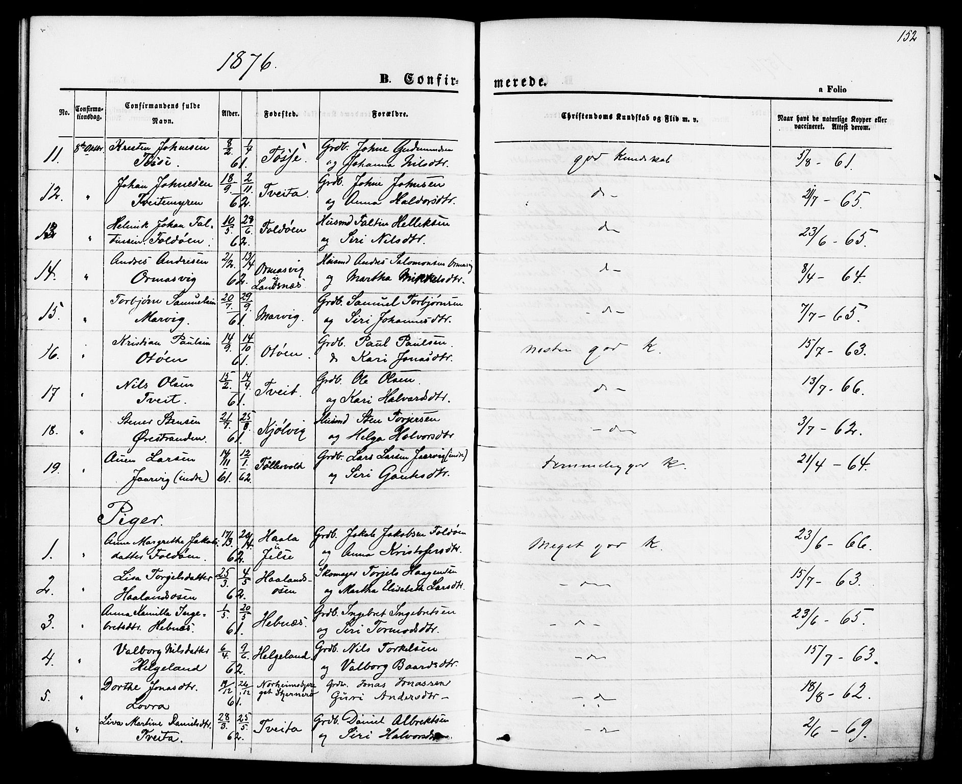 Jelsa sokneprestkontor, AV/SAST-A-101842/01/IV: Parish register (official) no. A 8, 1867-1883, p. 152