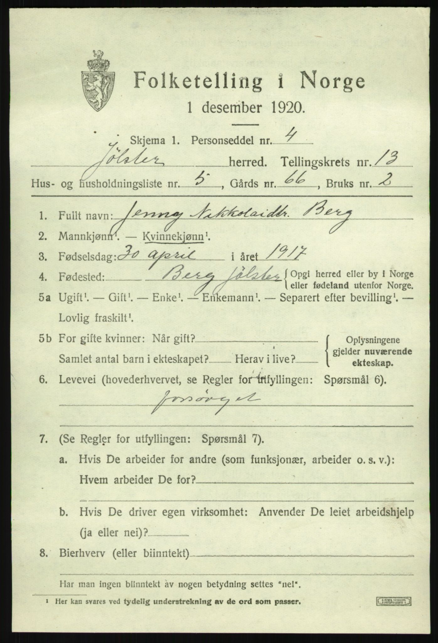 SAB, 1920 census for Jølster, 1920, p. 6082