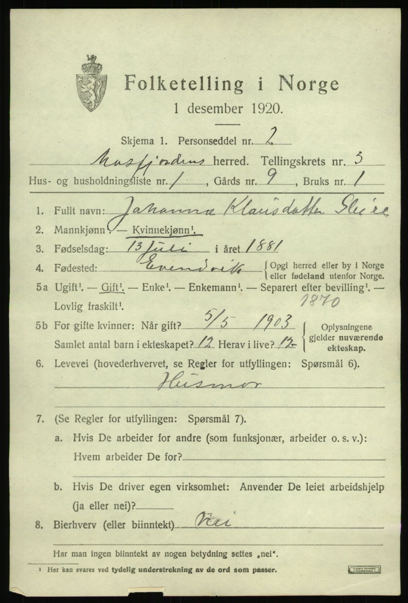 SAB, 1920 census for Masfjorden, 1920, p. 1387