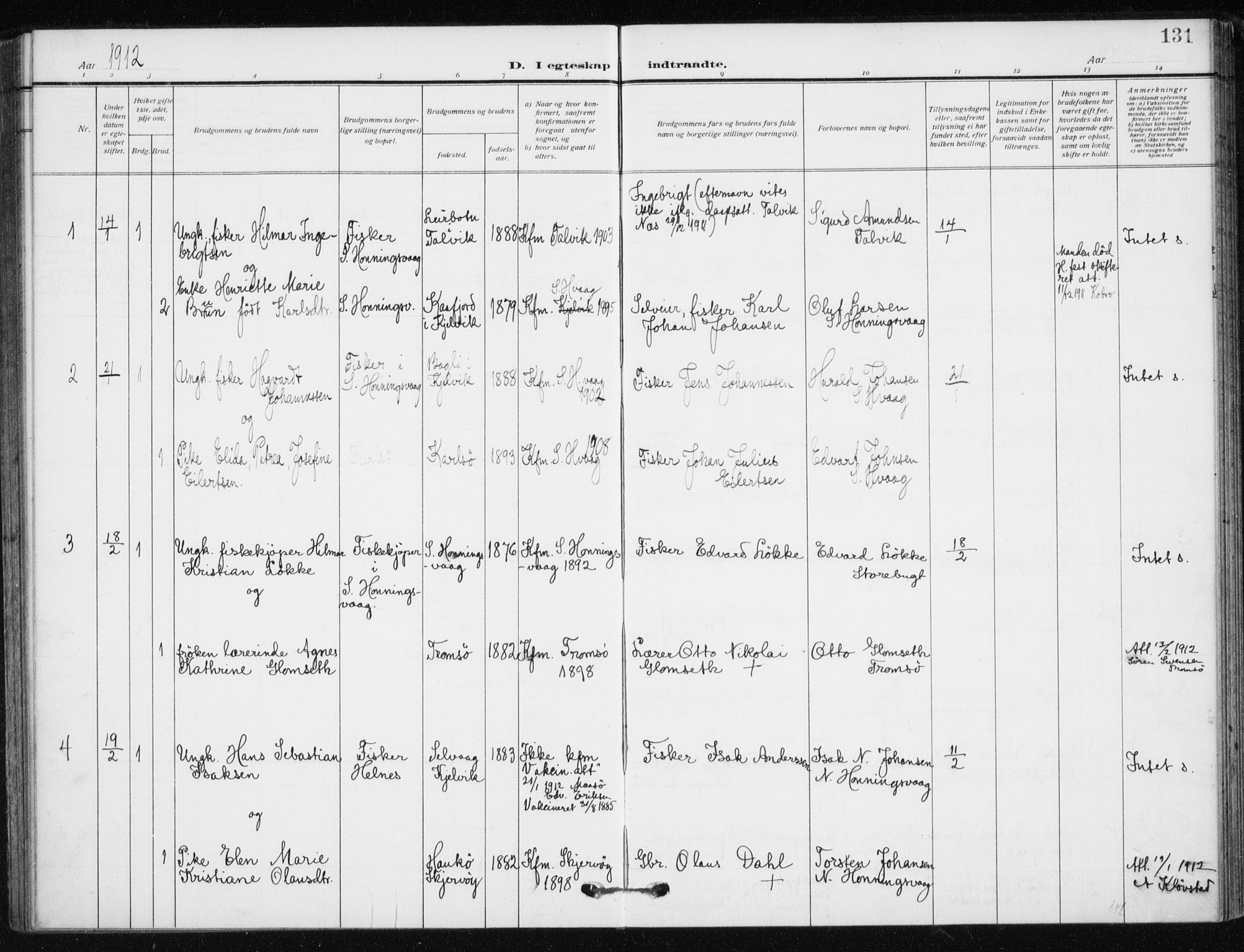 Kjelvik/Nordkapp sokneprestkontor, AV/SATØ-S-1350/H/Ha/L0001kirke: Parish register (official) no. 1, 1911-1919, p. 131
