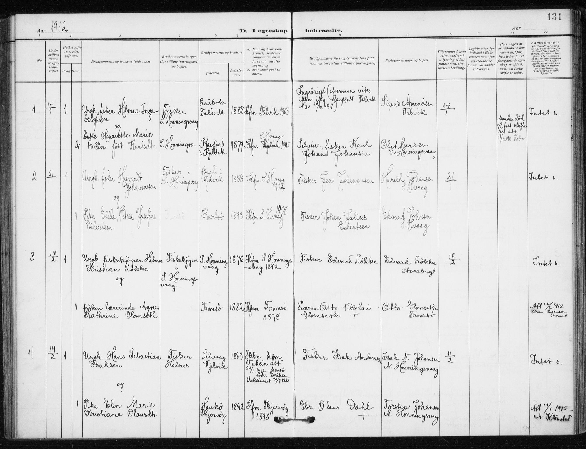 Kjelvik/Nordkapp sokneprestkontor, SATØ/S-1350/H/Ha/L0001kirke: Parish register (official) no. 1, 1911-1919, p. 131