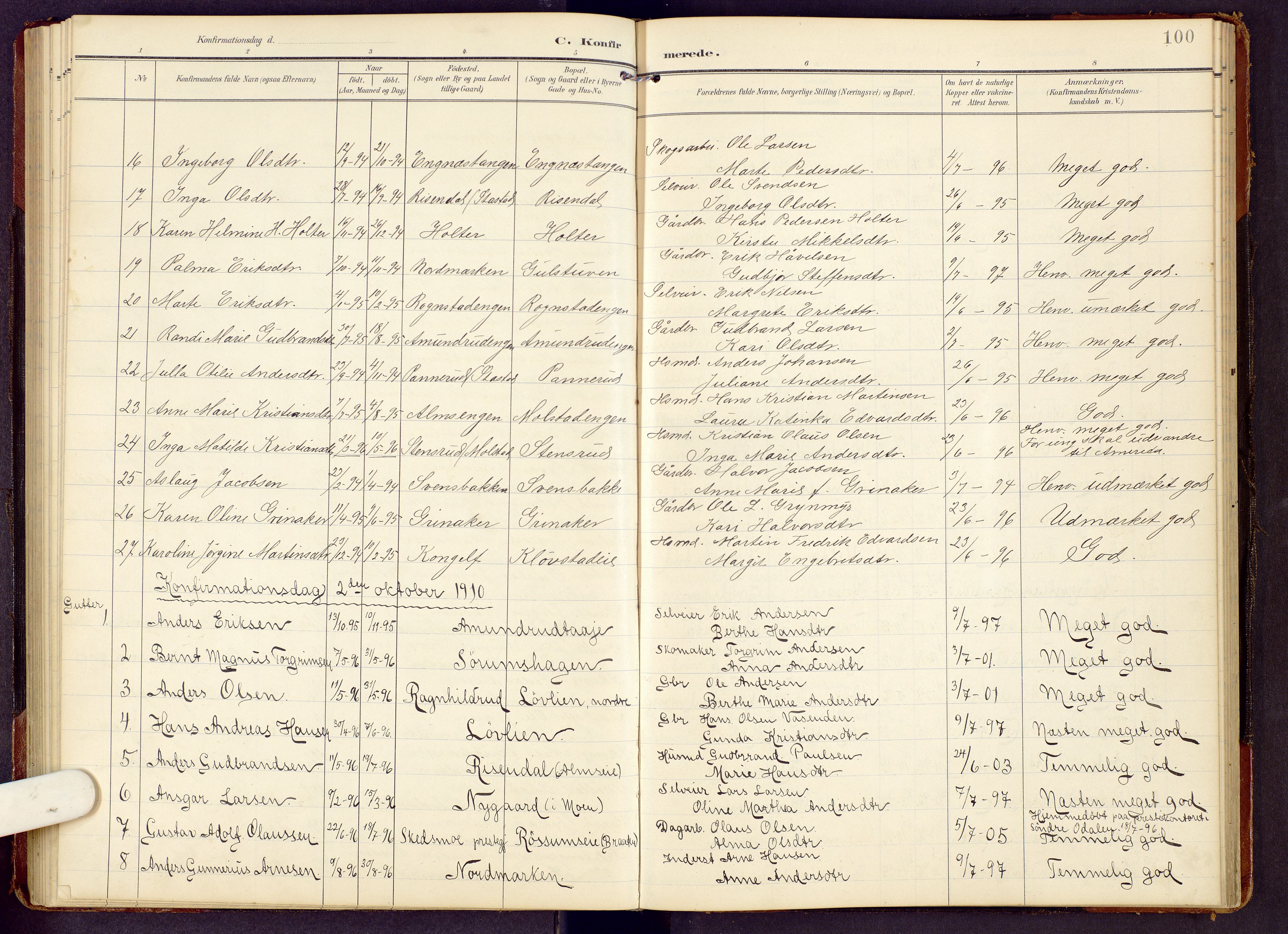 Brandbu prestekontor, SAH/PREST-114/H/Ha/Hab/L0009: Parish register (copy) no. 9, 1903-1916, p. 100