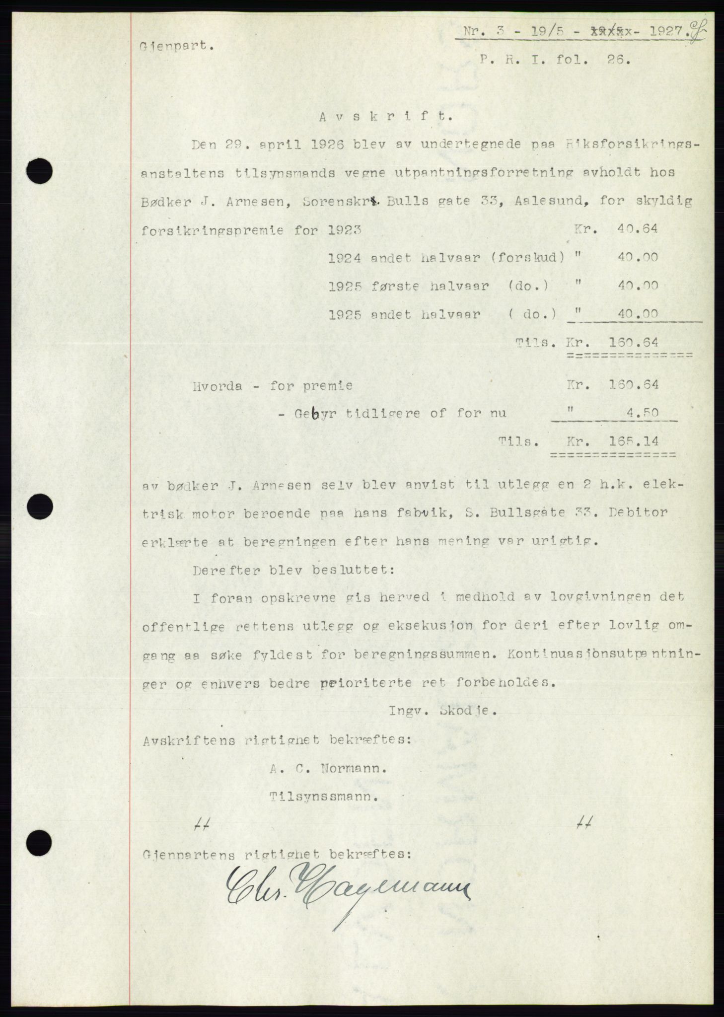 Ålesund byfogd, AV/SAT-A-4384: Mortgage book no. 22, 1927-1927, Deed date: 19.05.1927