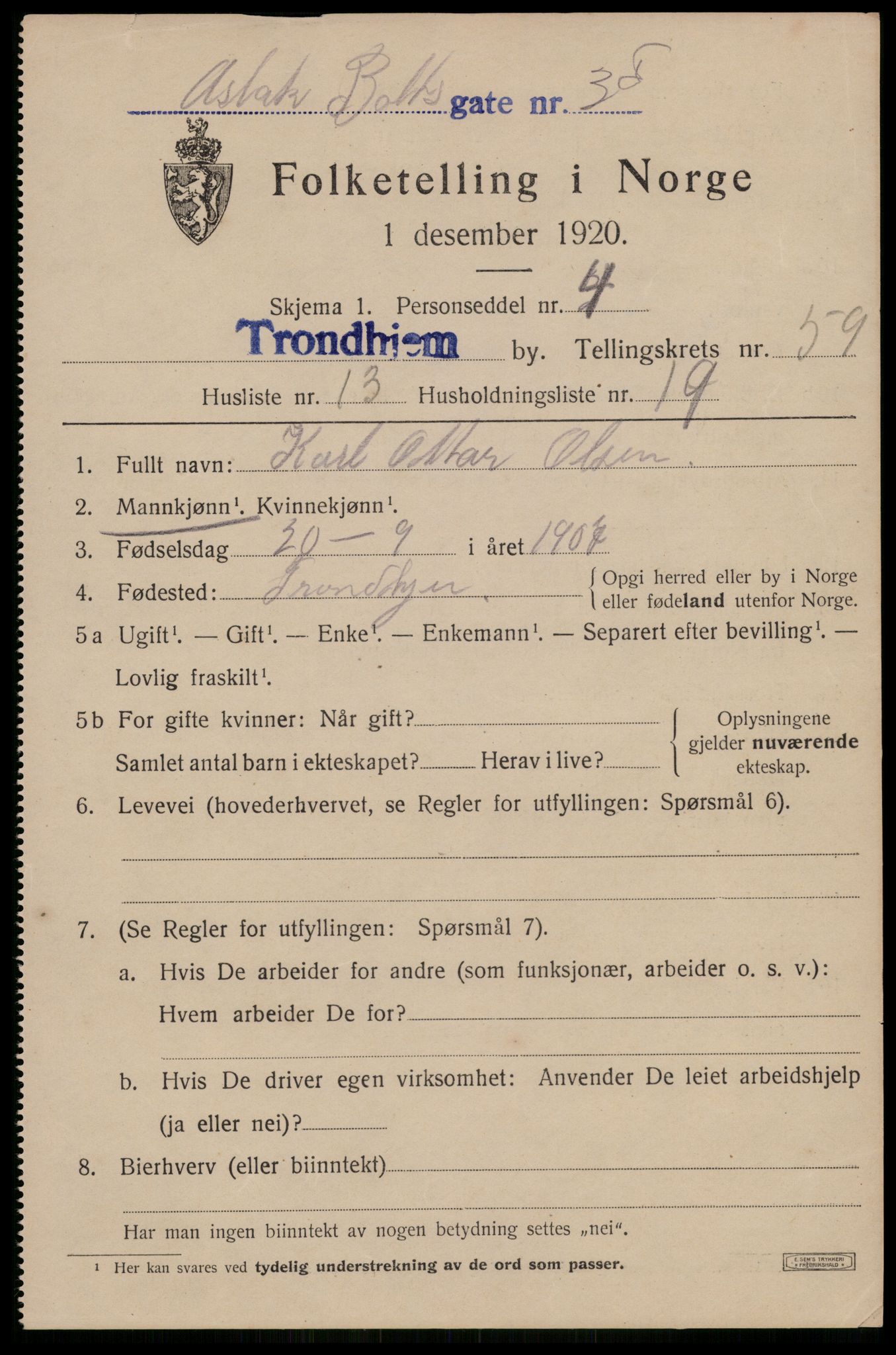 SAT, 1920 census for Trondheim, 1920, p. 120840