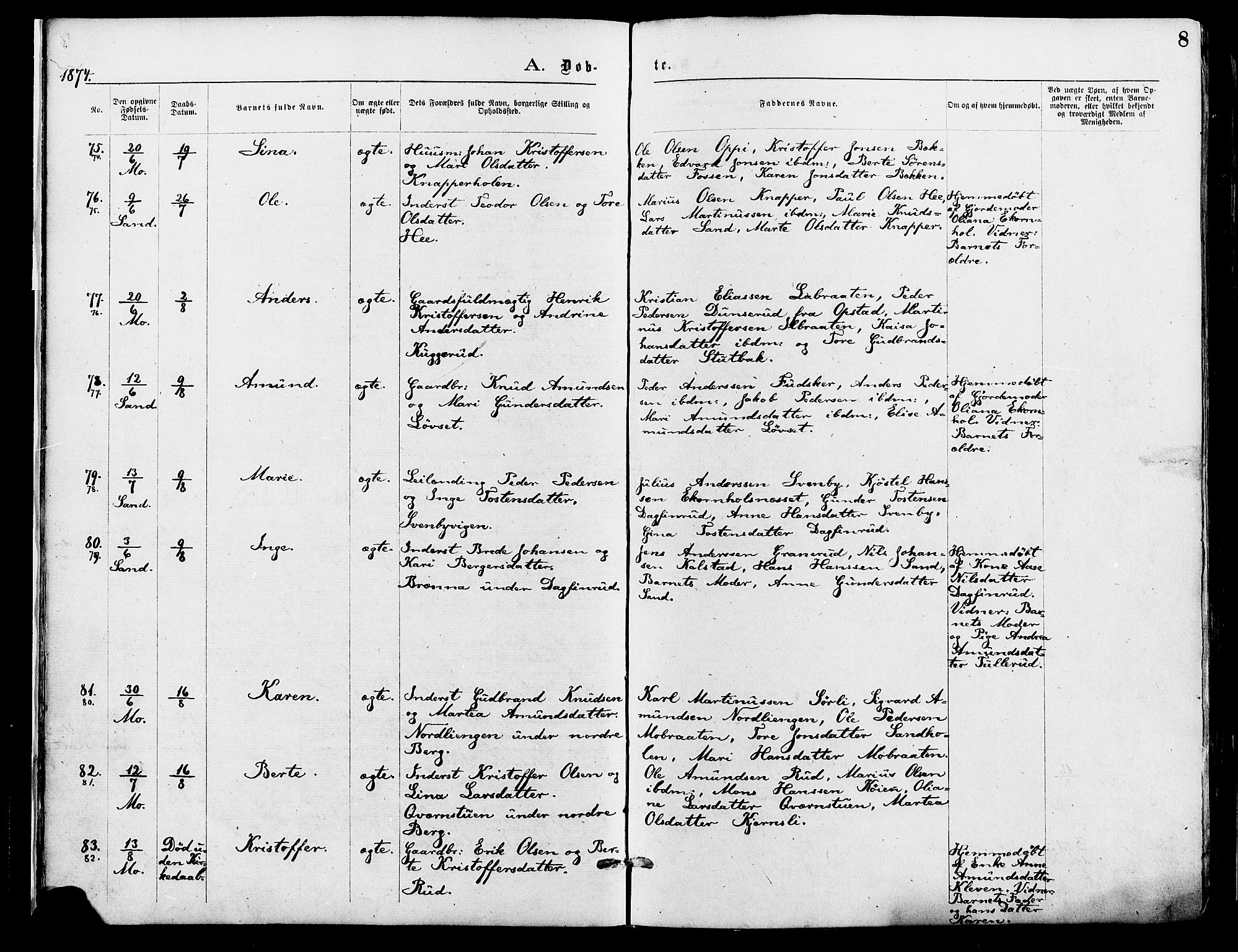 Nord-Odal prestekontor, AV/SAH-PREST-032/H/Ha/Haa/L0005: Parish register (official) no. 5, 1874-1885, p. 8