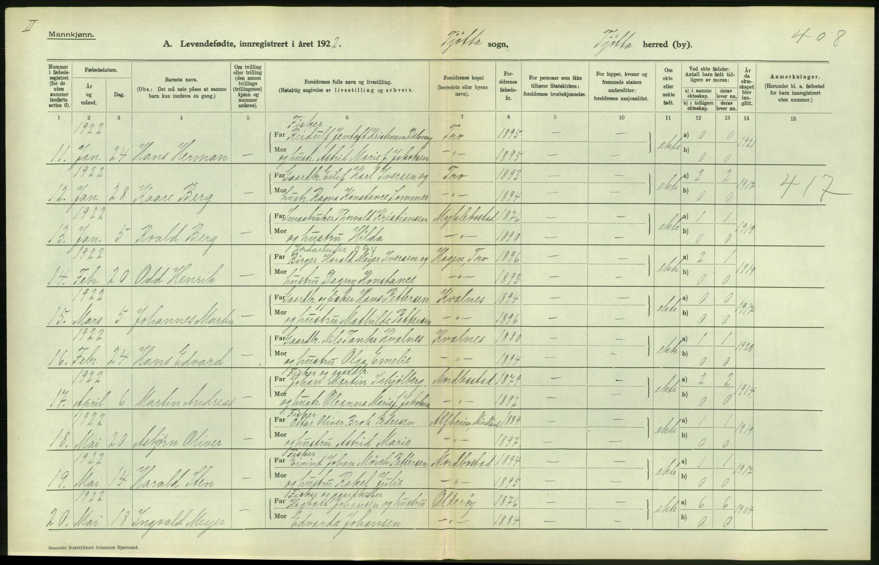 Statistisk sentralbyrå, Sosiodemografiske emner, Befolkning, RA/S-2228/D/Df/Dfc/Dfcb/L0044: Nordland fylke: Levendefødte menn og kvinner. Bygder og byer., 1922, p. 448