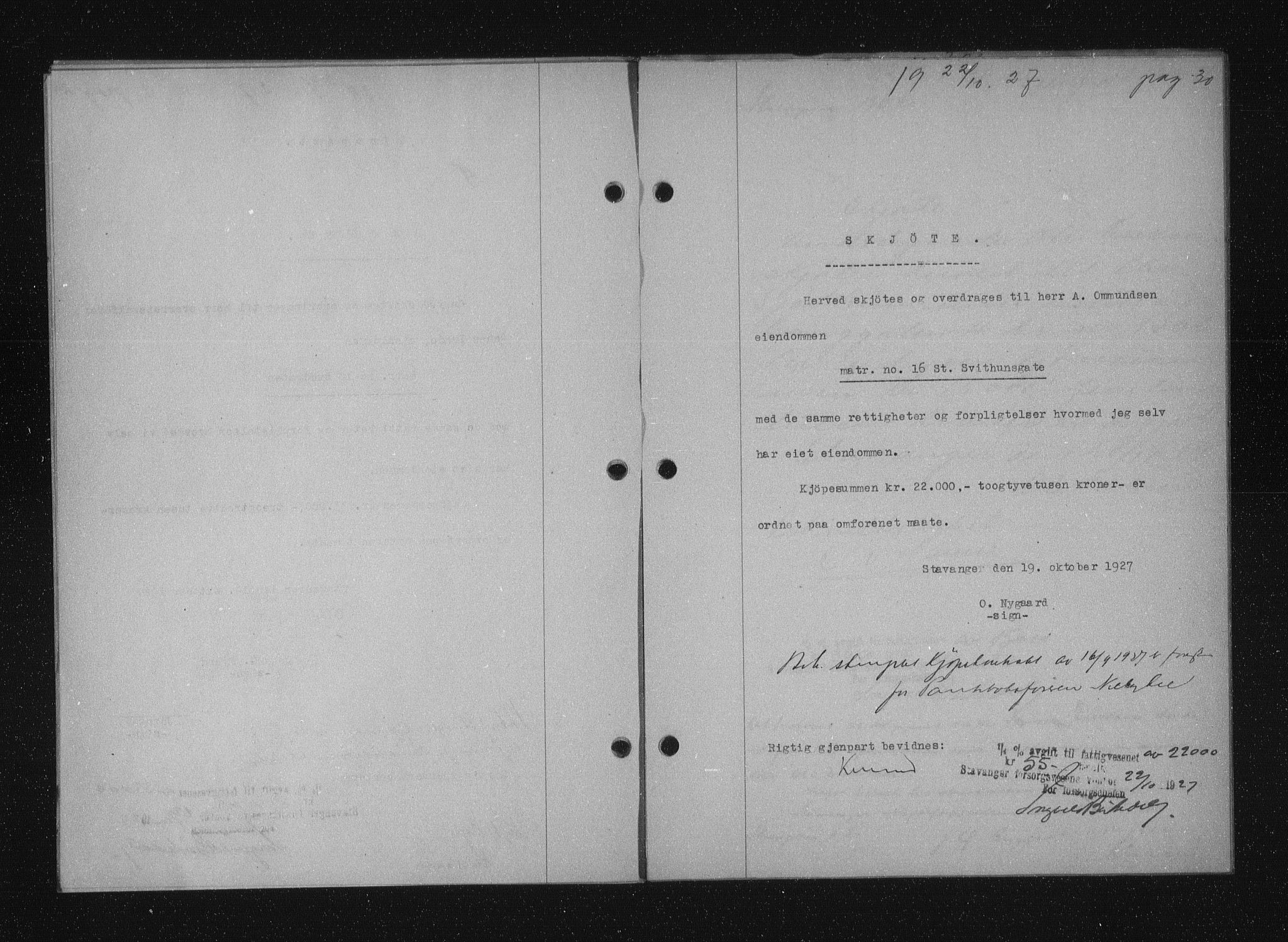 Stavanger byfogd, SAST/A-101408/001/4/41/410/410BB/L0053: Mortgage book no. 41, 1927-1928, Deed date: 22.10.1927