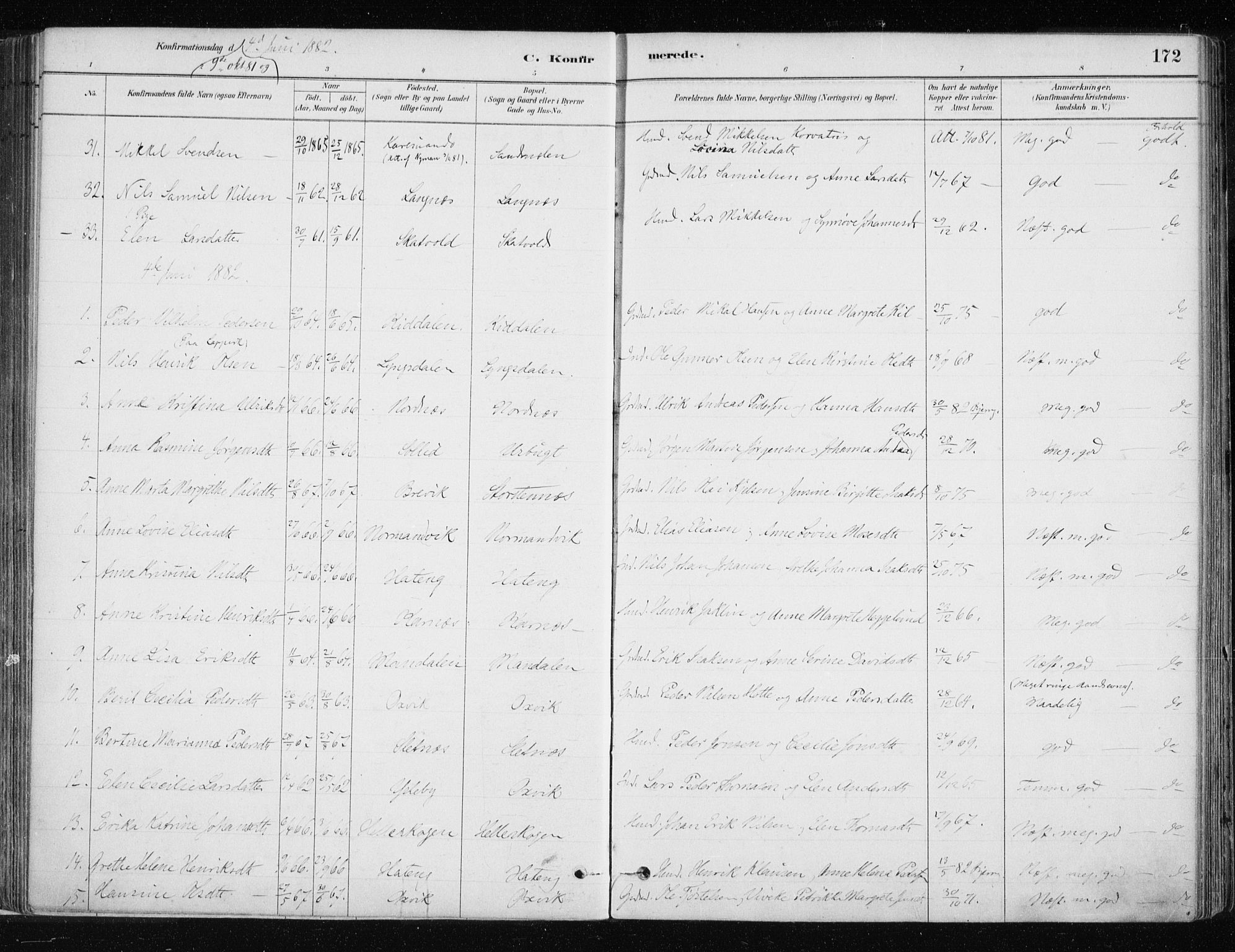 Lyngen sokneprestembete, AV/SATØ-S-1289/H/He/Hea/L0007kirke: Parish register (official) no. 7, 1879-1890, p. 172