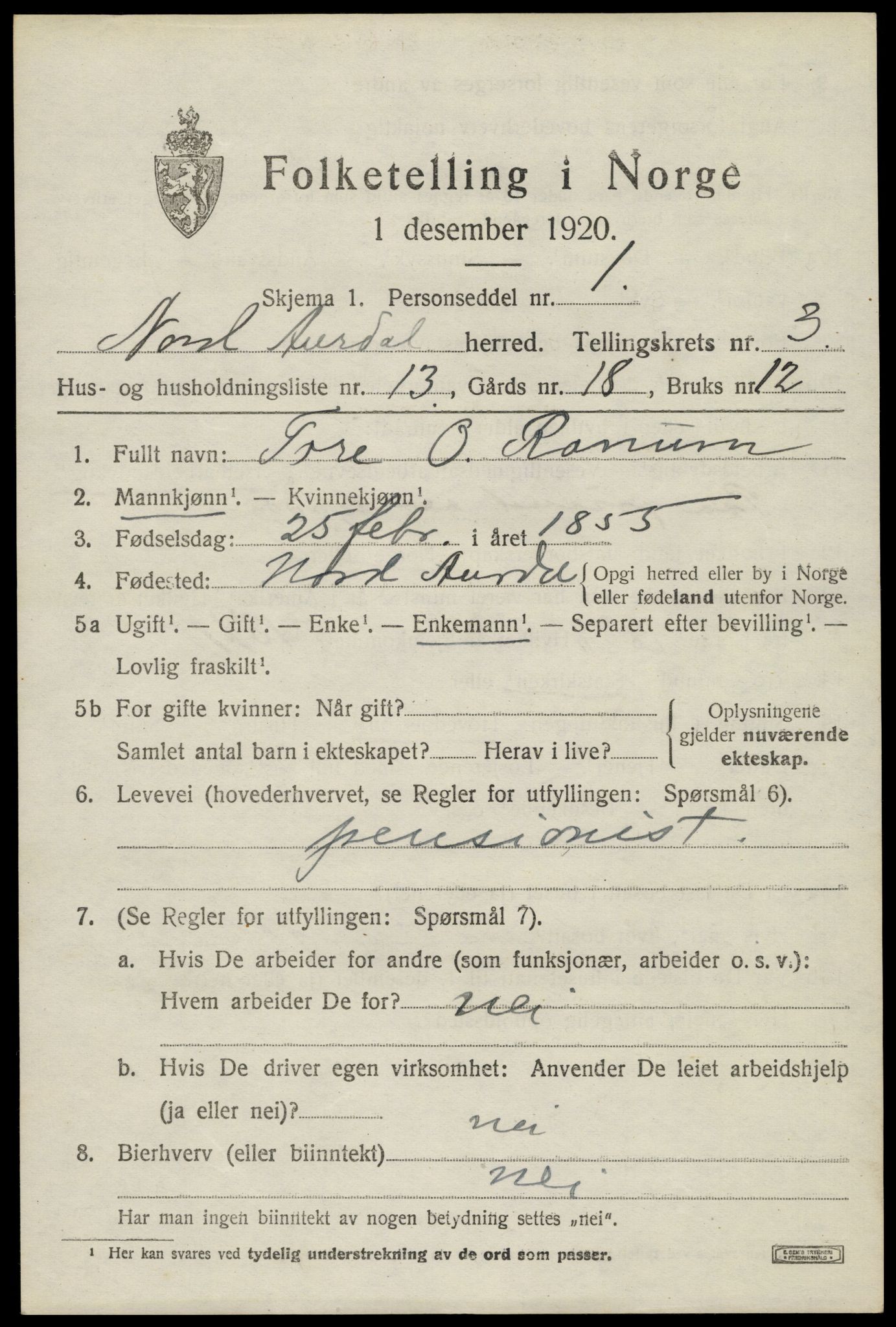 SAH, 1920 census for Nord-Aurdal, 1920, p. 3318