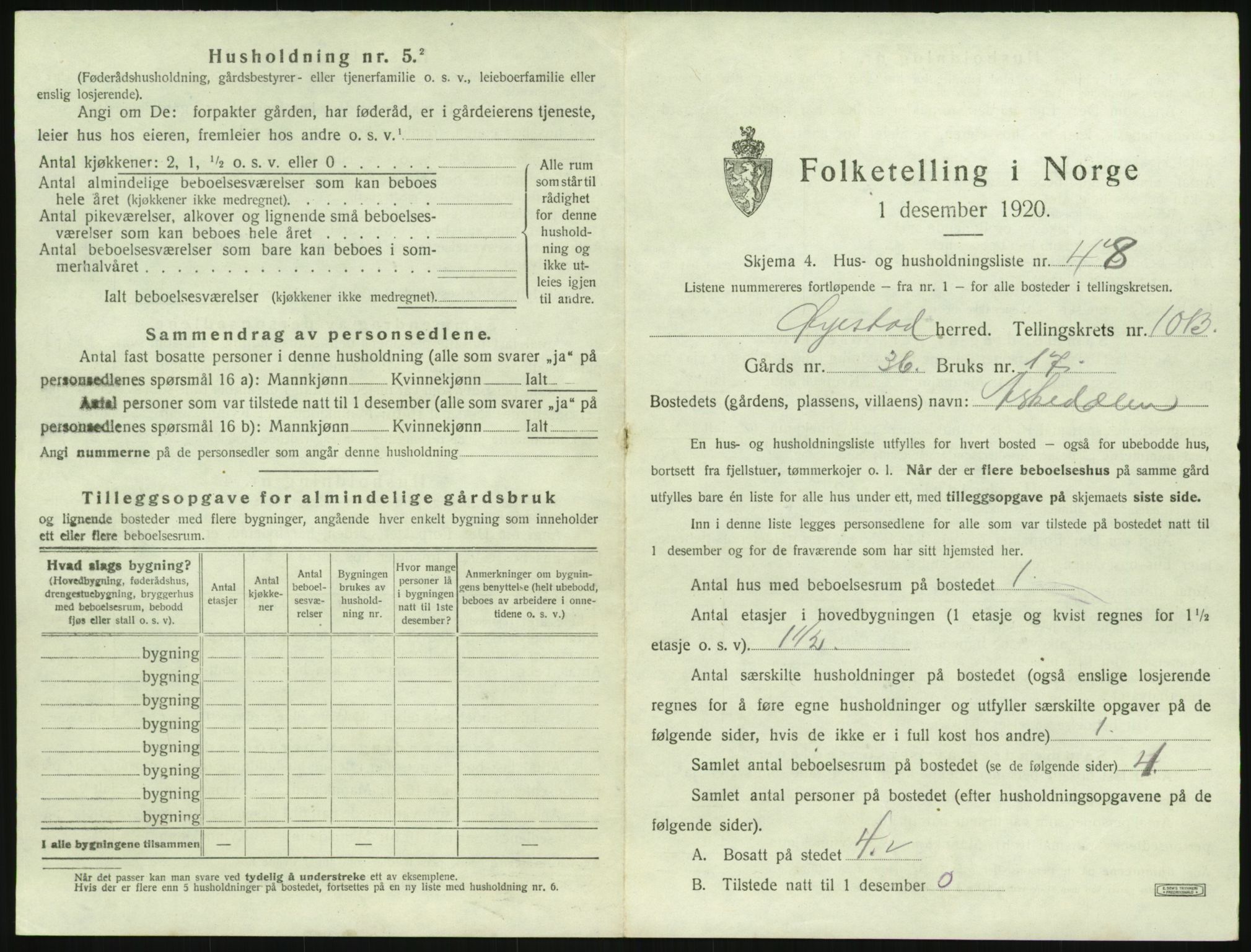 SAK, 1920 census for Øyestad, 1920, p. 1078