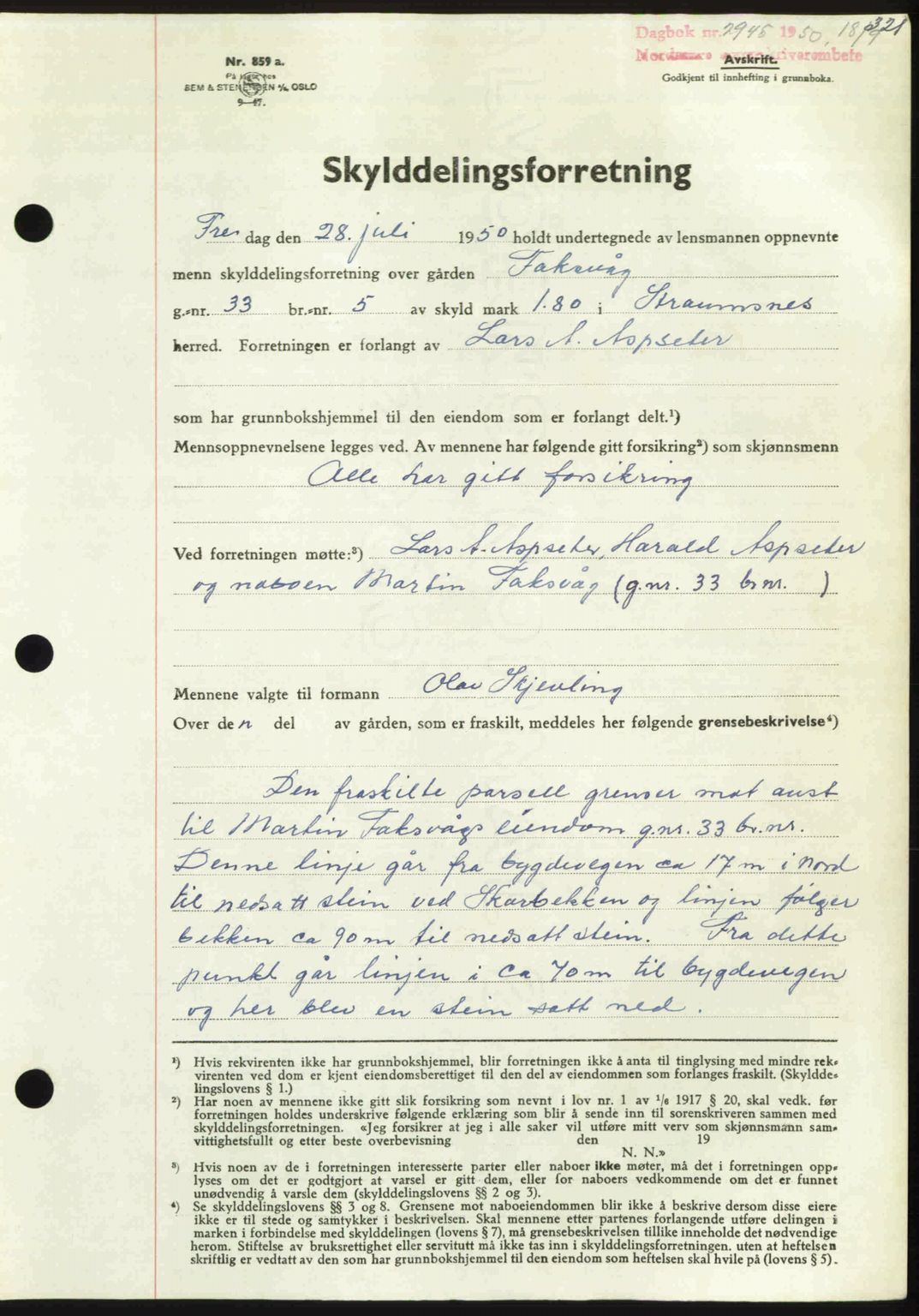 Nordmøre sorenskriveri, AV/SAT-A-4132/1/2/2Ca: Mortgage book no. A116, 1950-1950, Diary no: : 2945/1950