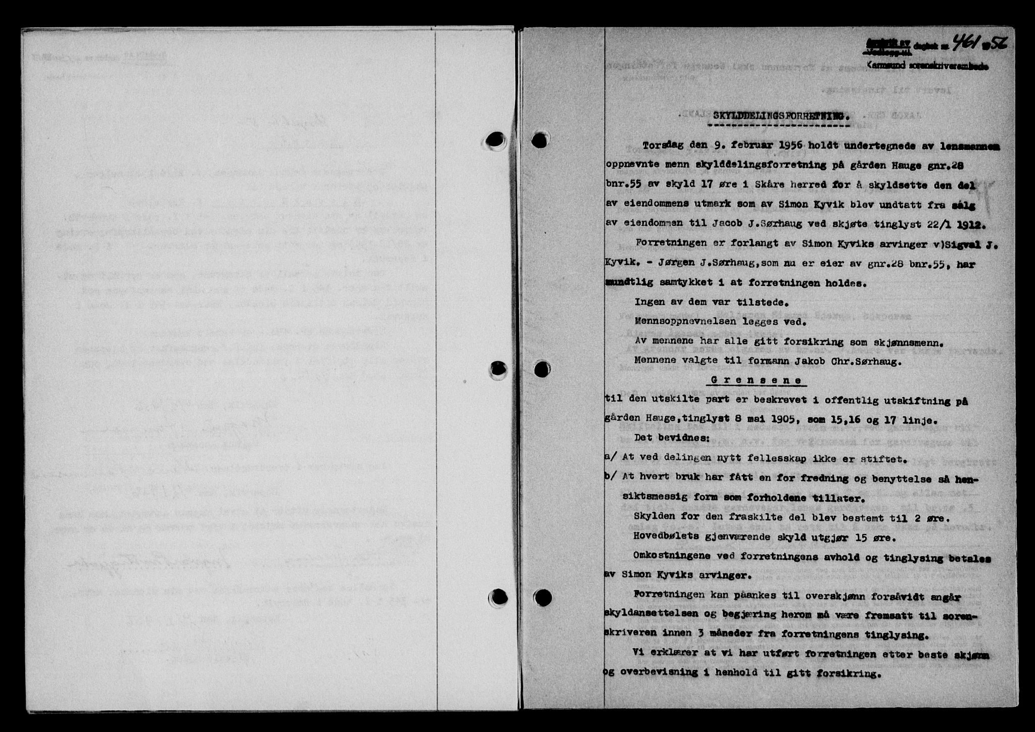 Karmsund sorenskriveri, AV/SAST-A-100311/01/II/IIB/L0118: Mortgage book no. 98A, 1955-1956, Diary no: : 461/1956