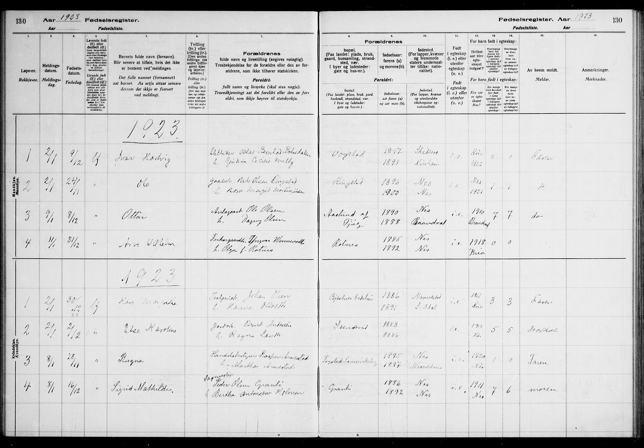 Nes prestekontor Kirkebøker, AV/SAO-A-10410/J/Ja/L0001: Birth register no. 1, 1916-1926, p. 130