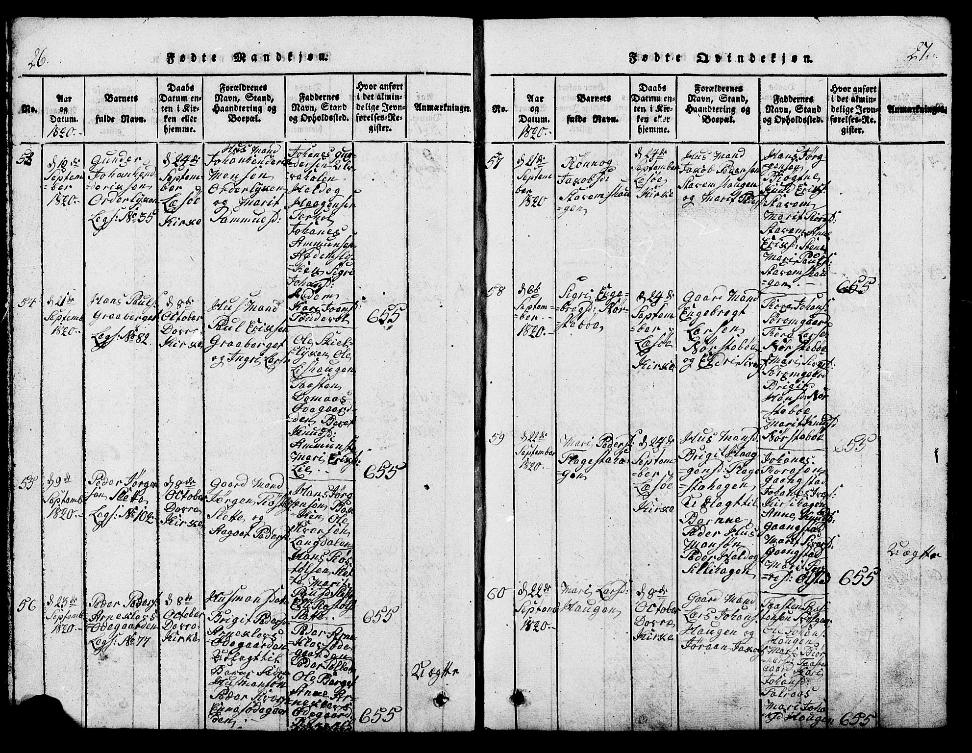 Lesja prestekontor, AV/SAH-PREST-068/H/Ha/Hab/L0001: Parish register (copy) no. 1, 1820-1831, p. 26-27
