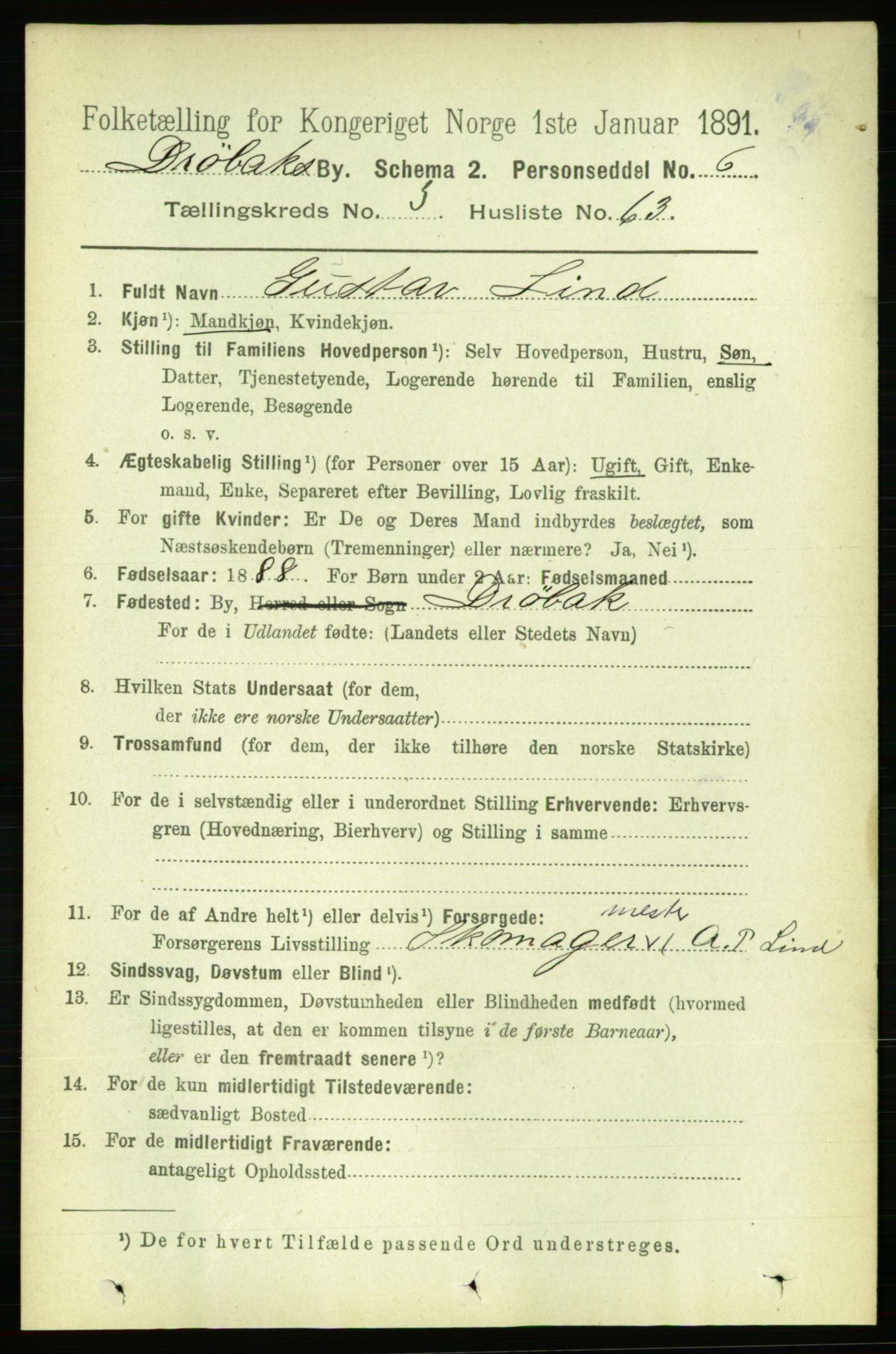 RA, 1891 census for 0203 Drøbak, 1891, p. 2427