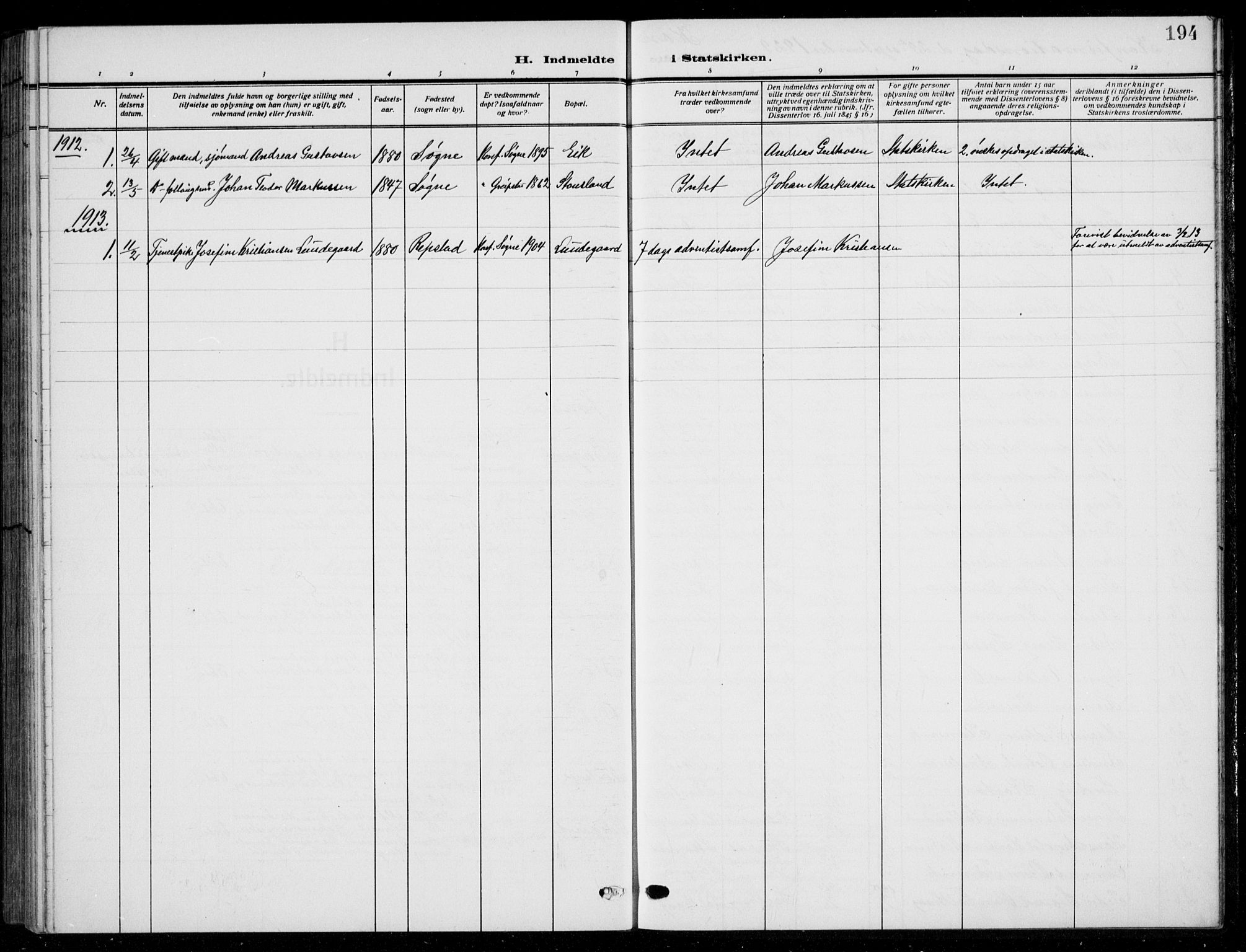 Søgne sokneprestkontor, SAK/1111-0037/F/Fb/Fbb/L0007: Parish register (copy) no. B 7, 1912-1931, p. 194