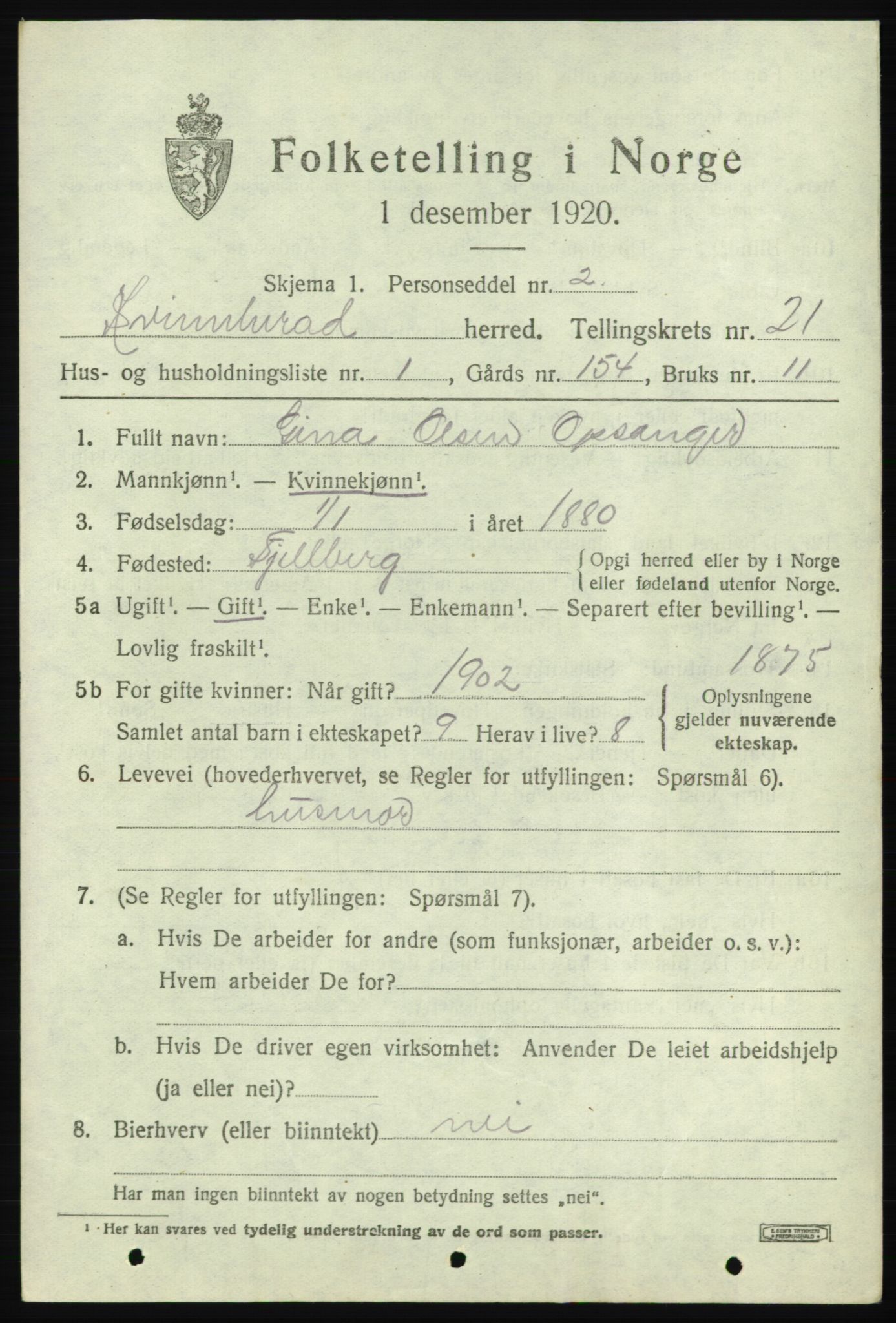 SAB, 1920 census for Kvinnherad, 1920, p. 13266