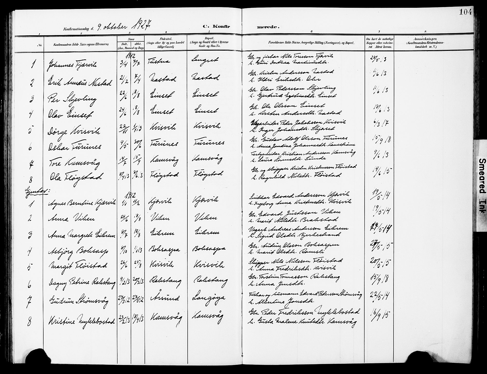 Ministerialprotokoller, klokkerbøker og fødselsregistre - Møre og Romsdal, AV/SAT-A-1454/587/L1001: Parish register (copy) no. 587C01, 1906-1927, p. 104