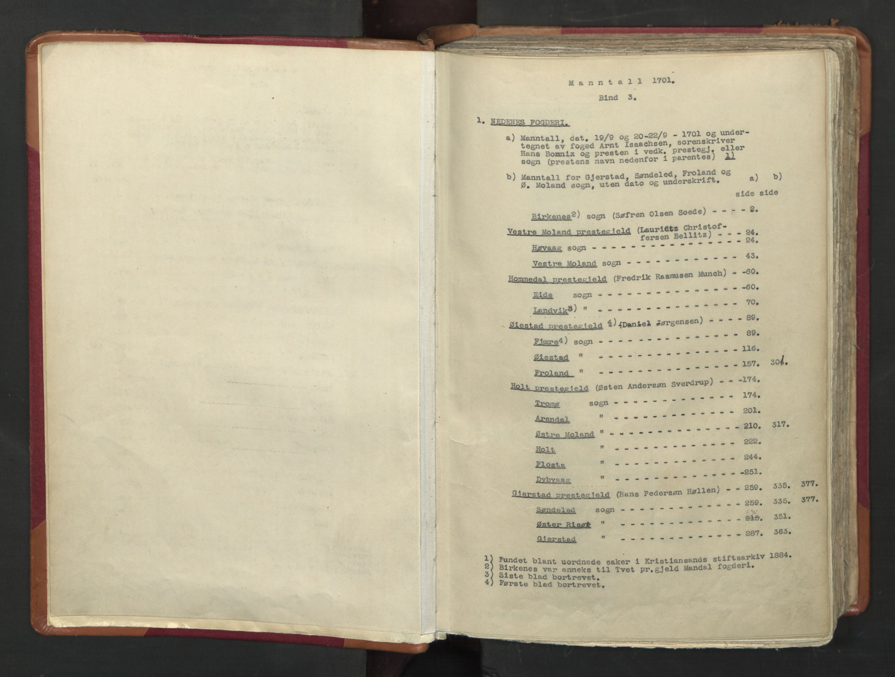 RA, Census (manntall) 1701, no. 3: Nedenes fogderi, 1701