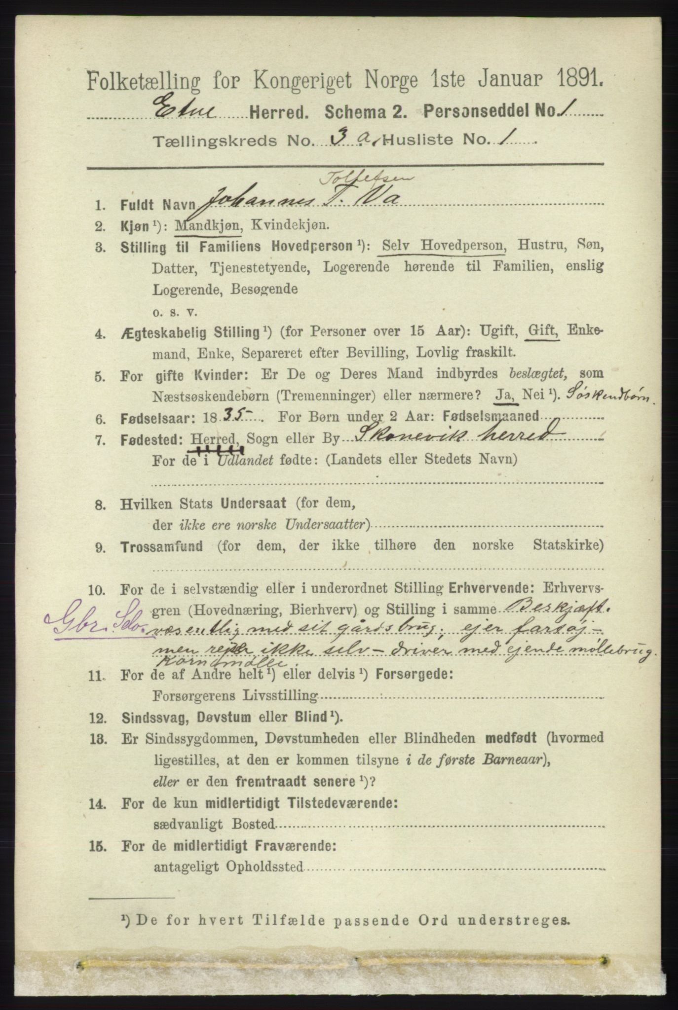 RA, 1891 census for 1211 Etne, 1891, p. 689