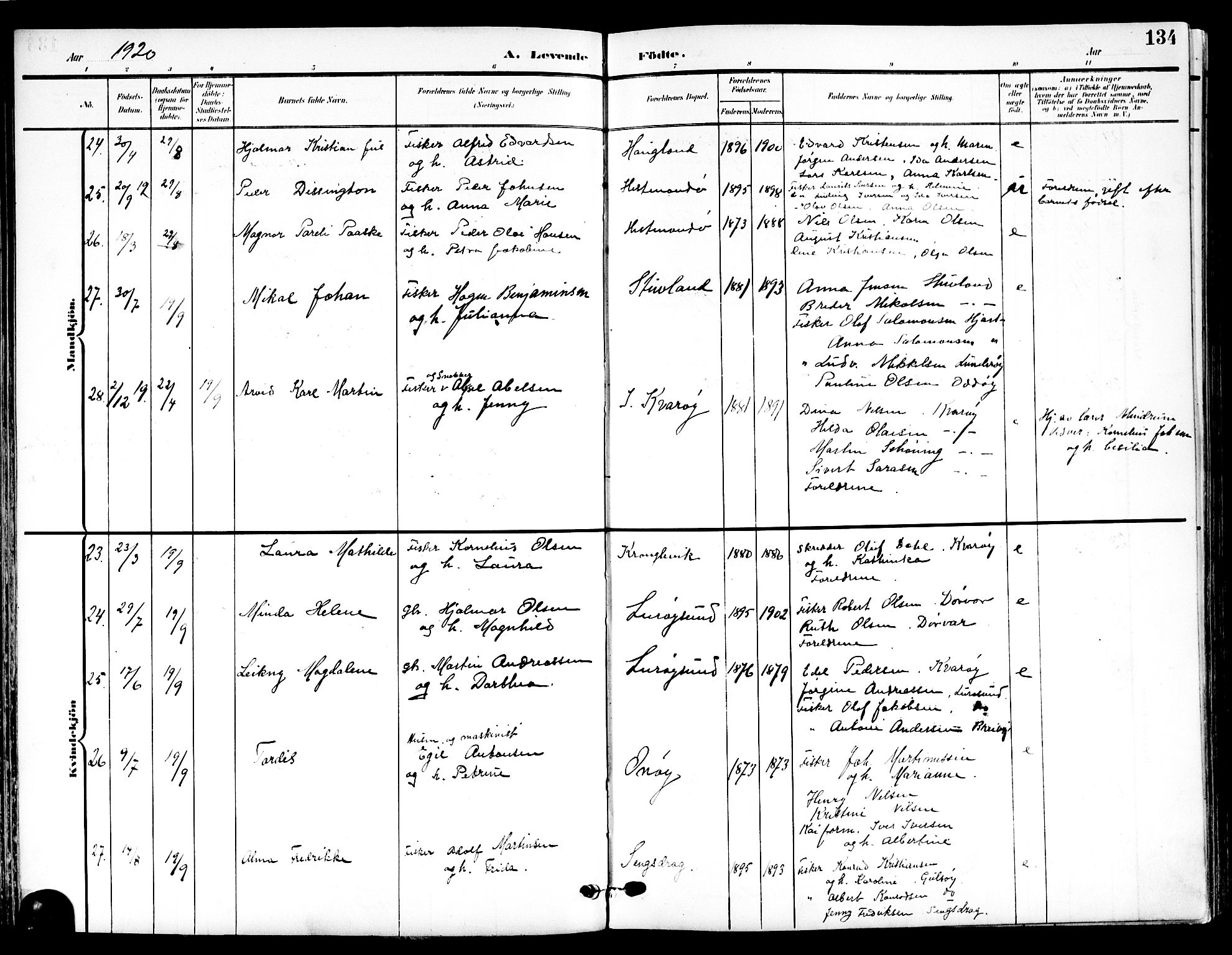 Ministerialprotokoller, klokkerbøker og fødselsregistre - Nordland, SAT/A-1459/839/L0569: Parish register (official) no. 839A06, 1903-1922, p. 134