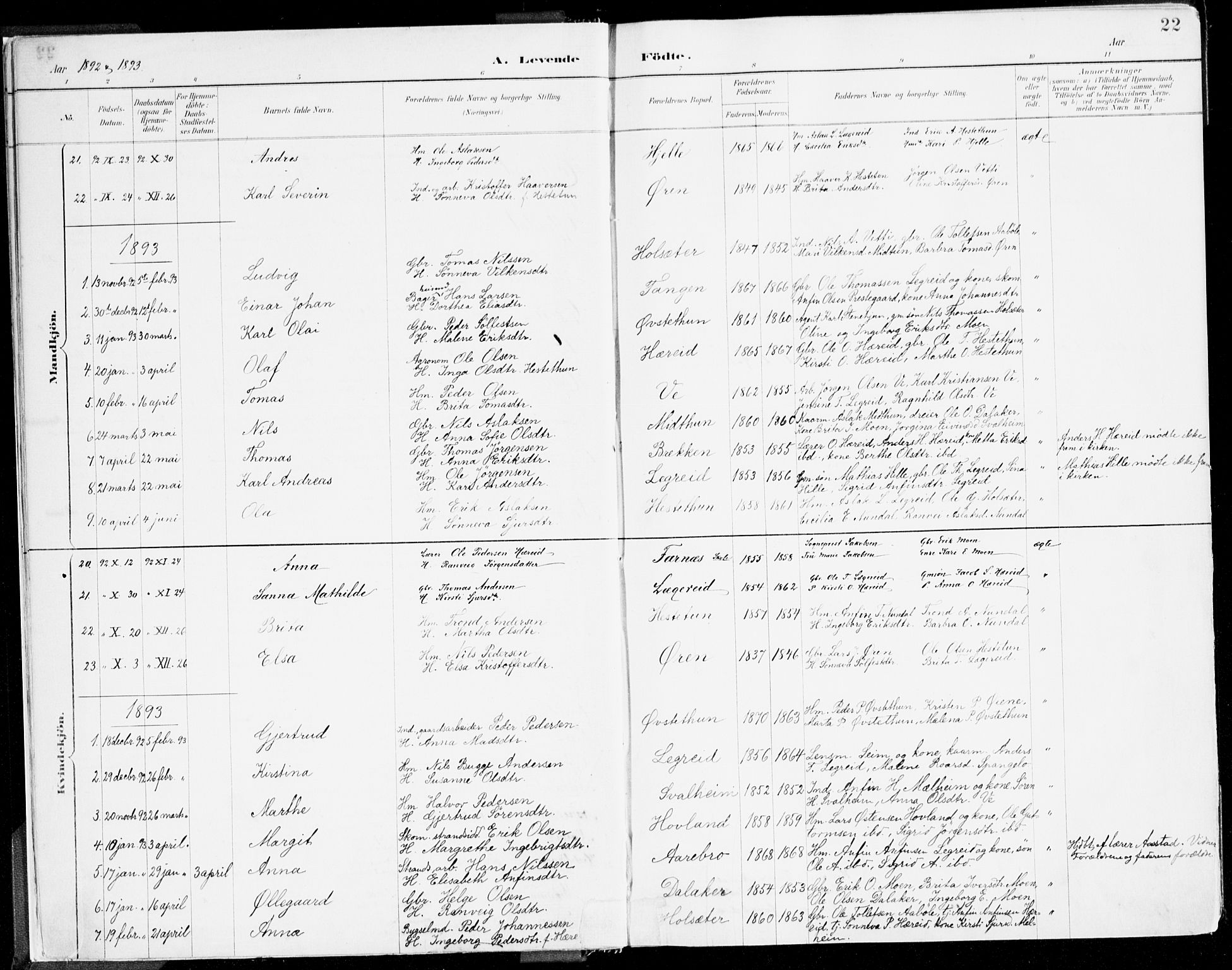 Årdal sokneprestembete, SAB/A-81701: Parish register (official) no. A 5, 1887-1917, p. 22