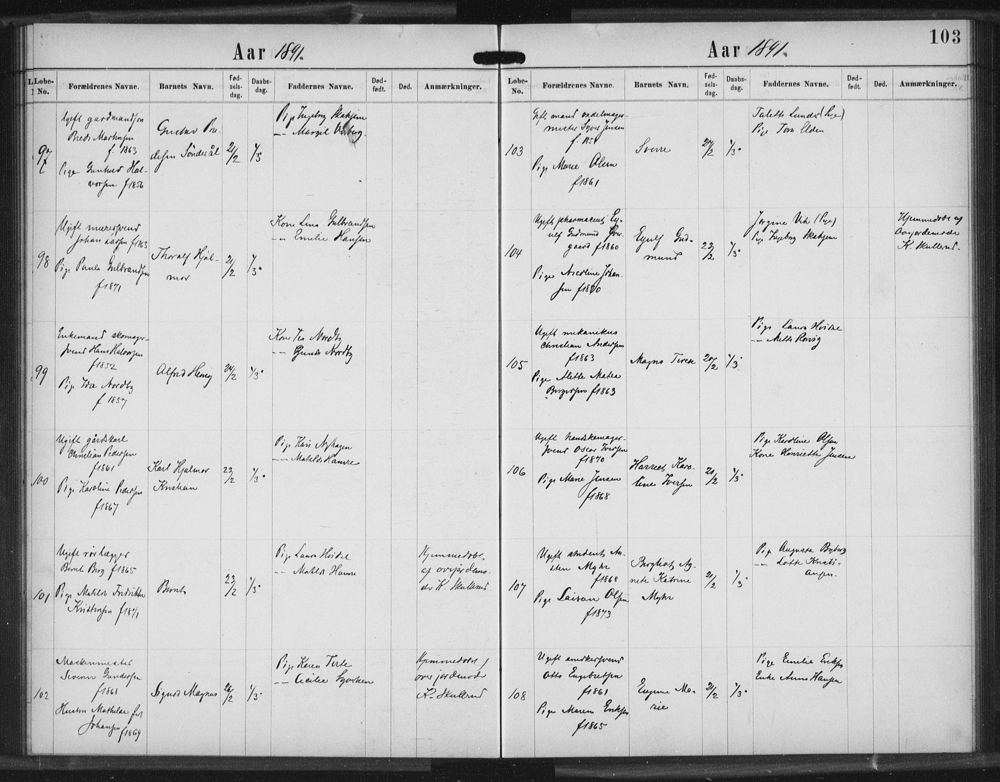 Rikshospitalet prestekontor Kirkebøker, AV/SAO-A-10309b/K/L0003/0003: Baptism register no. 3.3, 1889-1892, p. 103