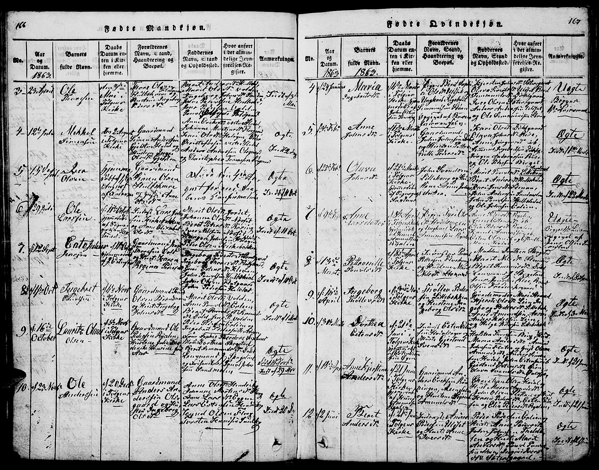 Tolga prestekontor, AV/SAH-PREST-062/L/L0001: Parish register (copy) no. 1, 1814-1877, p. 166-167