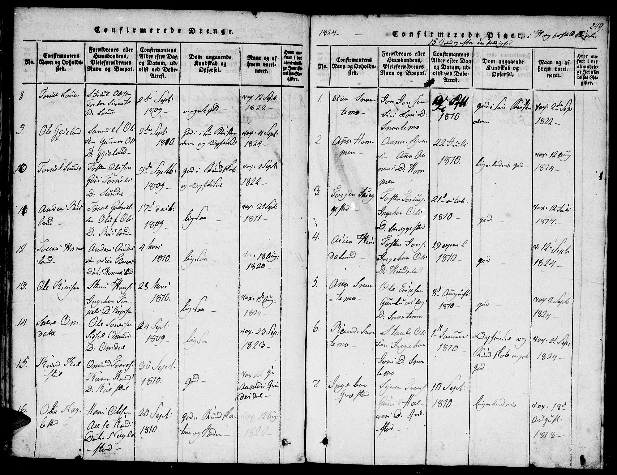 Hægebostad sokneprestkontor, SAK/1111-0024/F/Fa/Faa/L0002: Parish register (official) no. A 2 /1, 1816-1825, p. 249