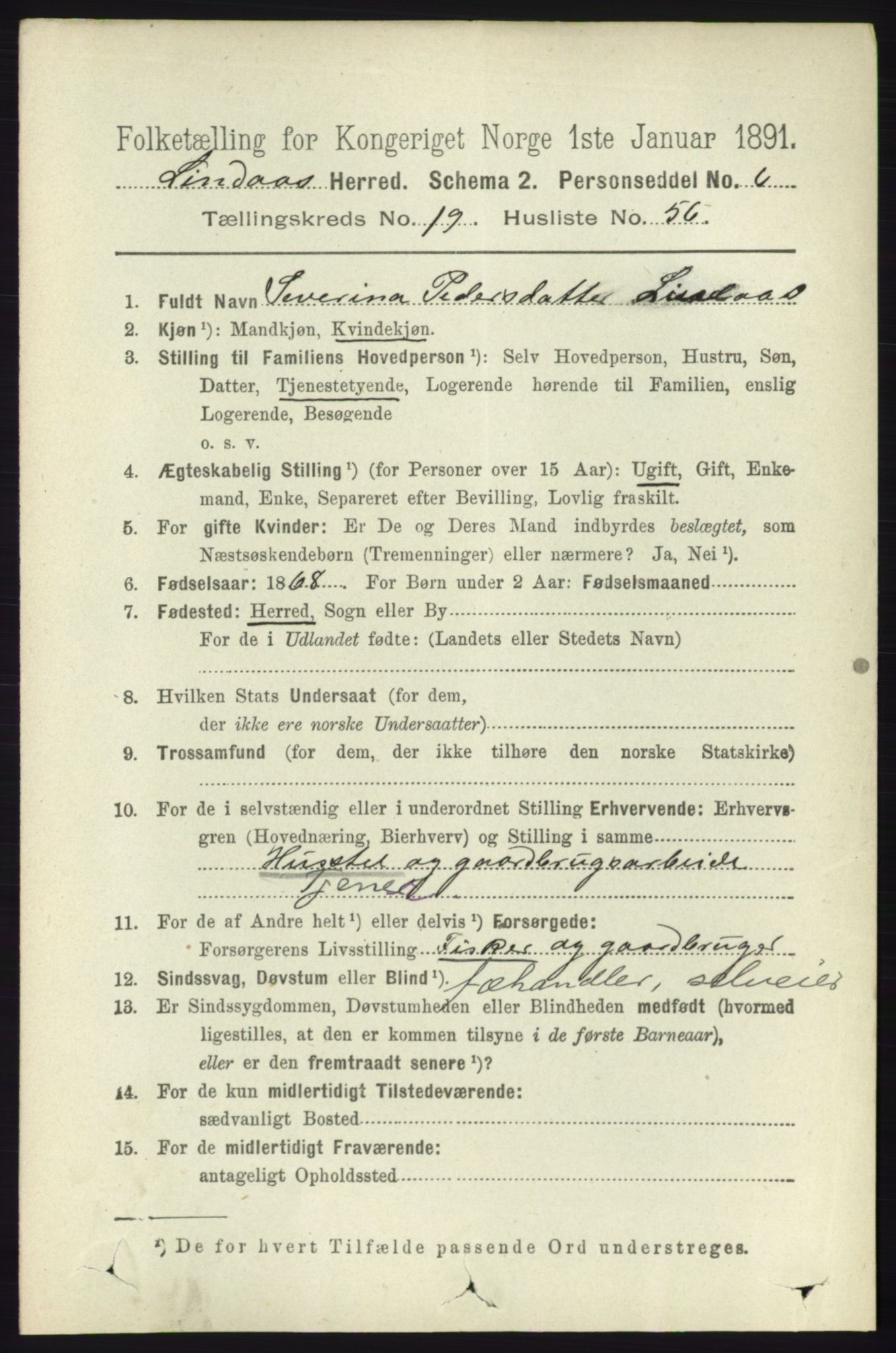 RA, 1891 census for 1263 Lindås, 1891, p. 7267