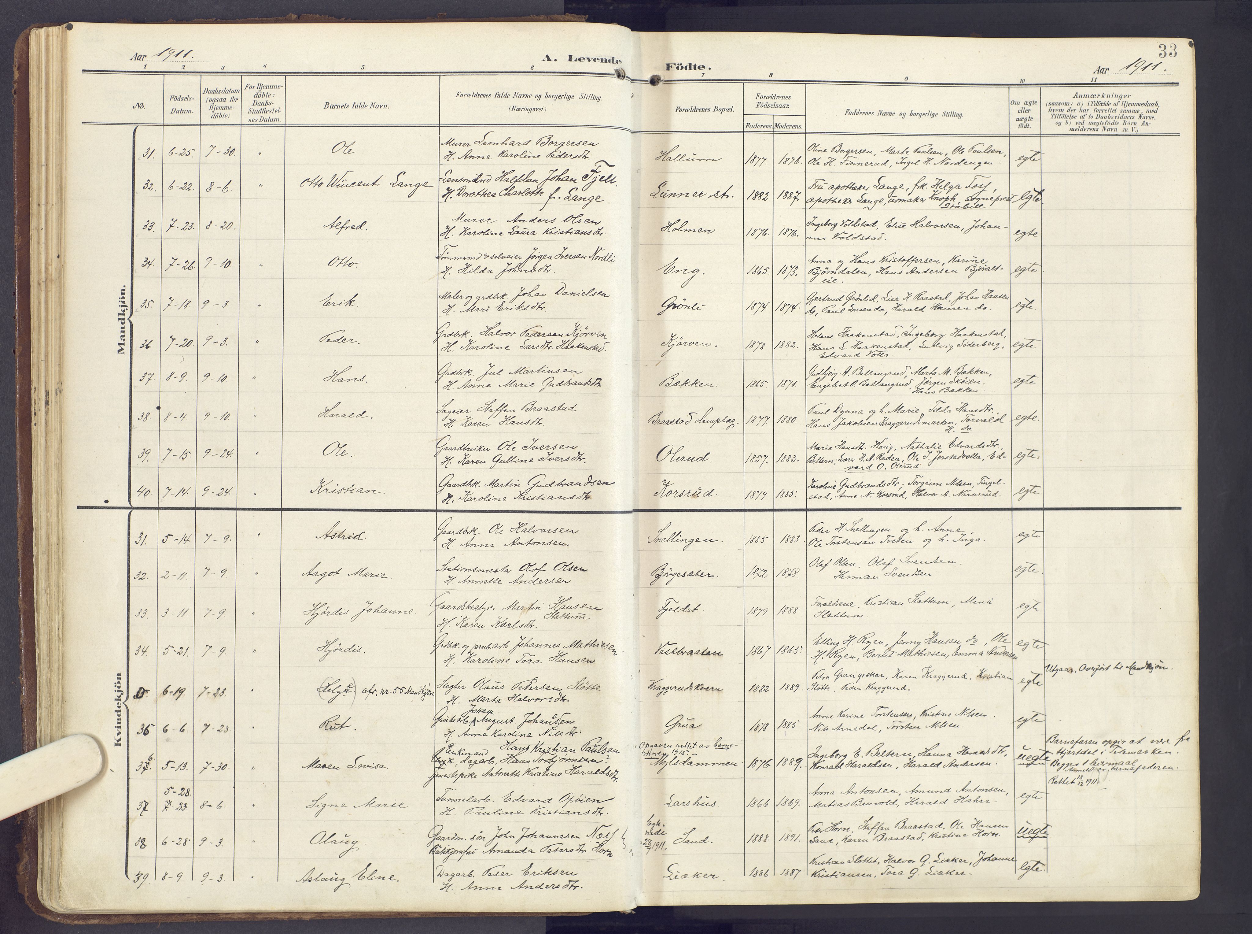 Lunner prestekontor, AV/SAH-PREST-118/H/Ha/Haa/L0001: Parish register (official) no. 1, 1907-1922, p. 33