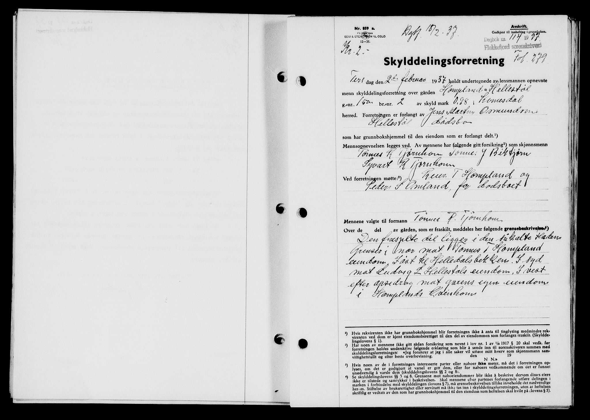 Flekkefjord sorenskriveri, SAK/1221-0001/G/Gb/Gba/L0053: Mortgage book no. A-1, 1936-1937, Diary no: : 114/1937