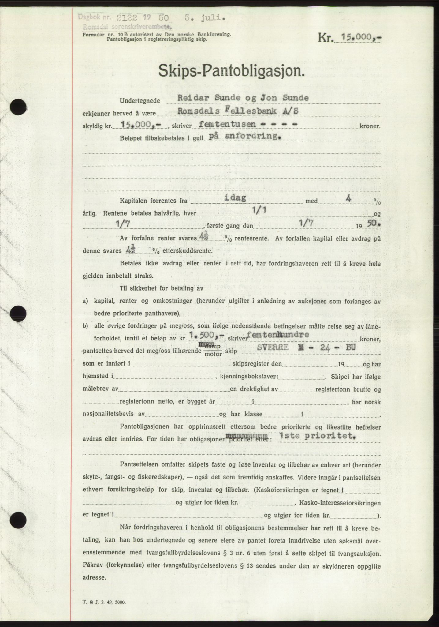 Romsdal sorenskriveri, AV/SAT-A-4149/1/2/2C: Mortgage book no. B5, 1949-1950, Diary no: : 2122/1950