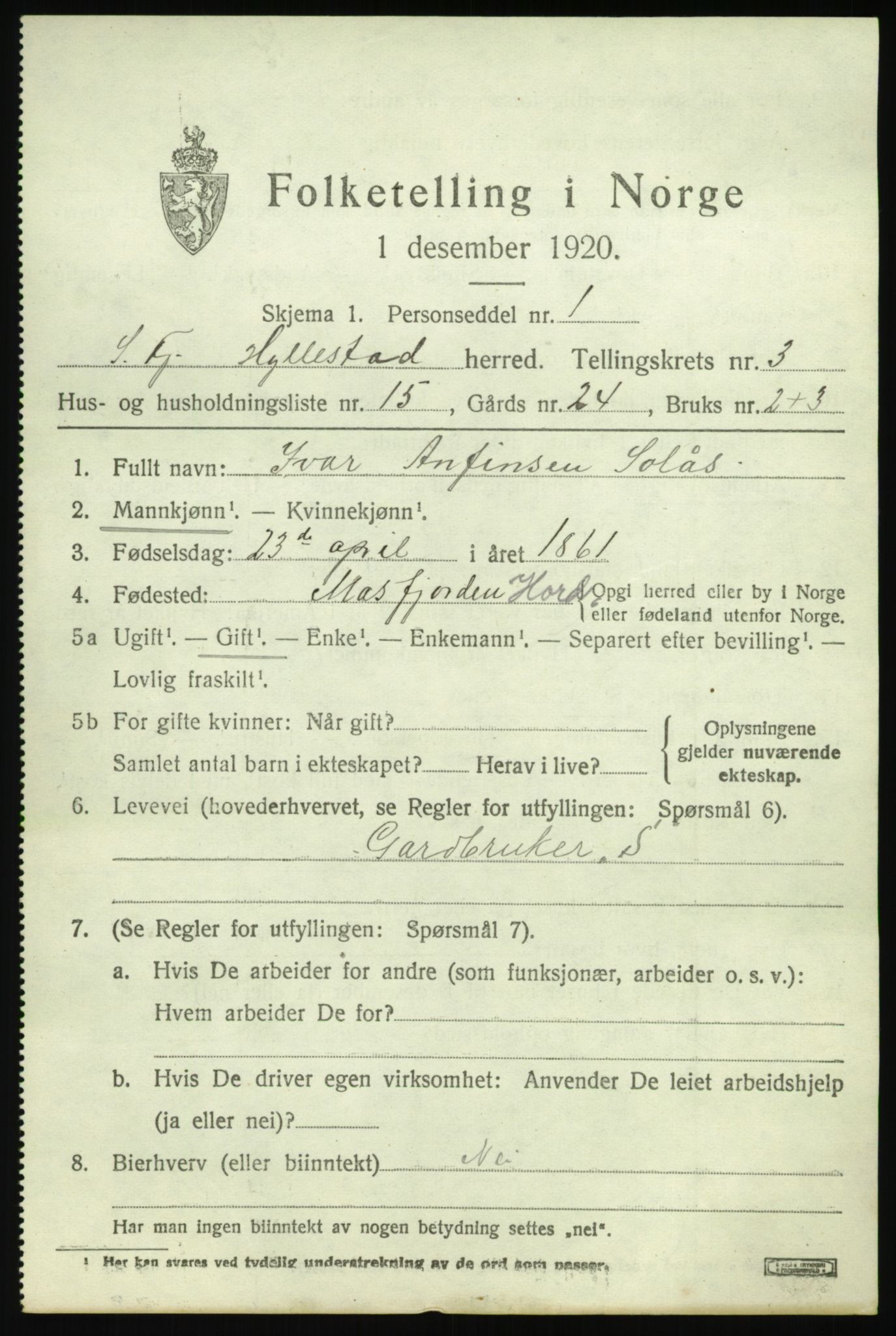 SAB, 1920 census for Hyllestad, 1920, p. 1810