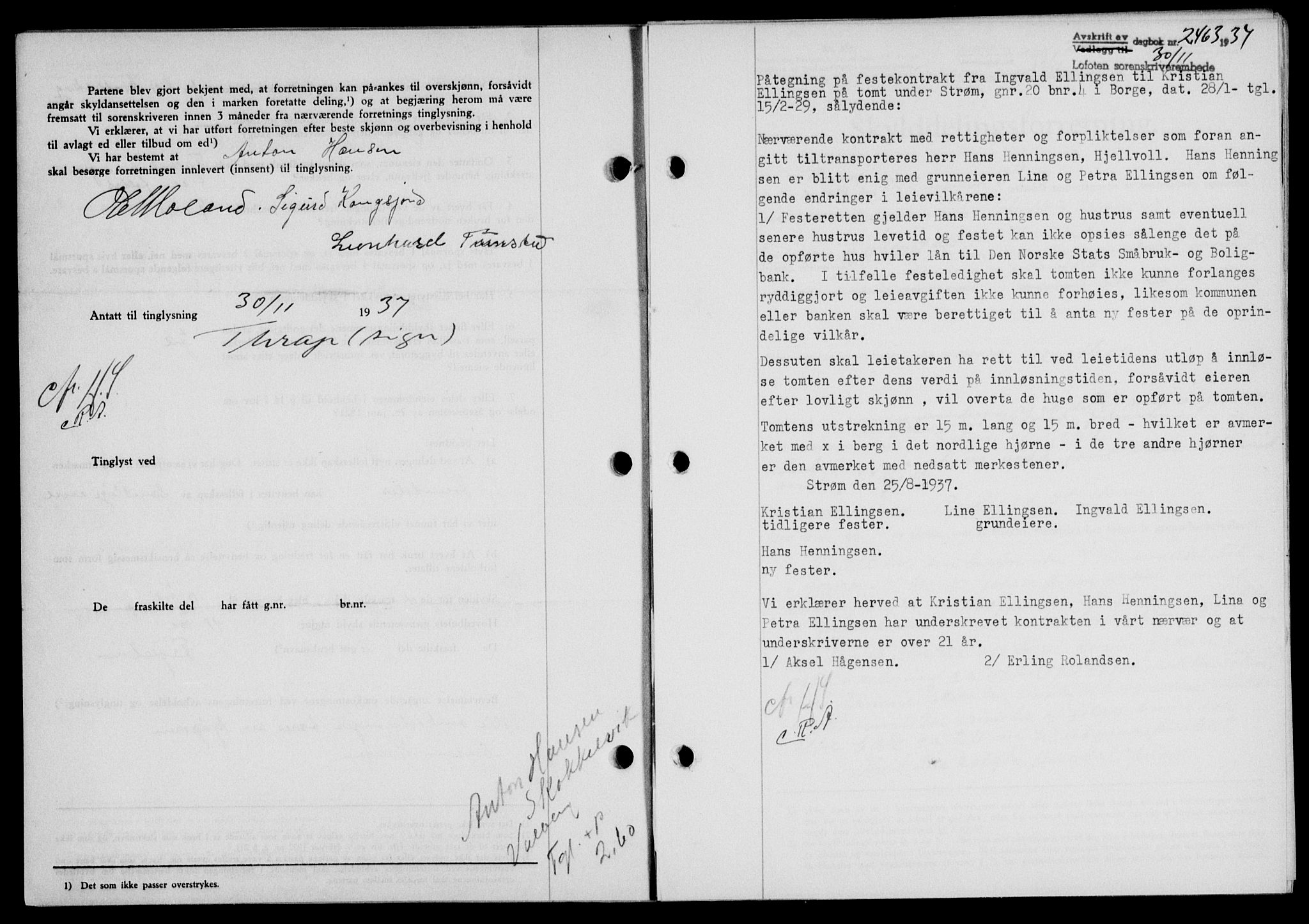 Lofoten sorenskriveri, SAT/A-0017/1/2/2C/L0003a: Mortgage book no. 3a, 1937-1938, Diary no: : 2463/1937