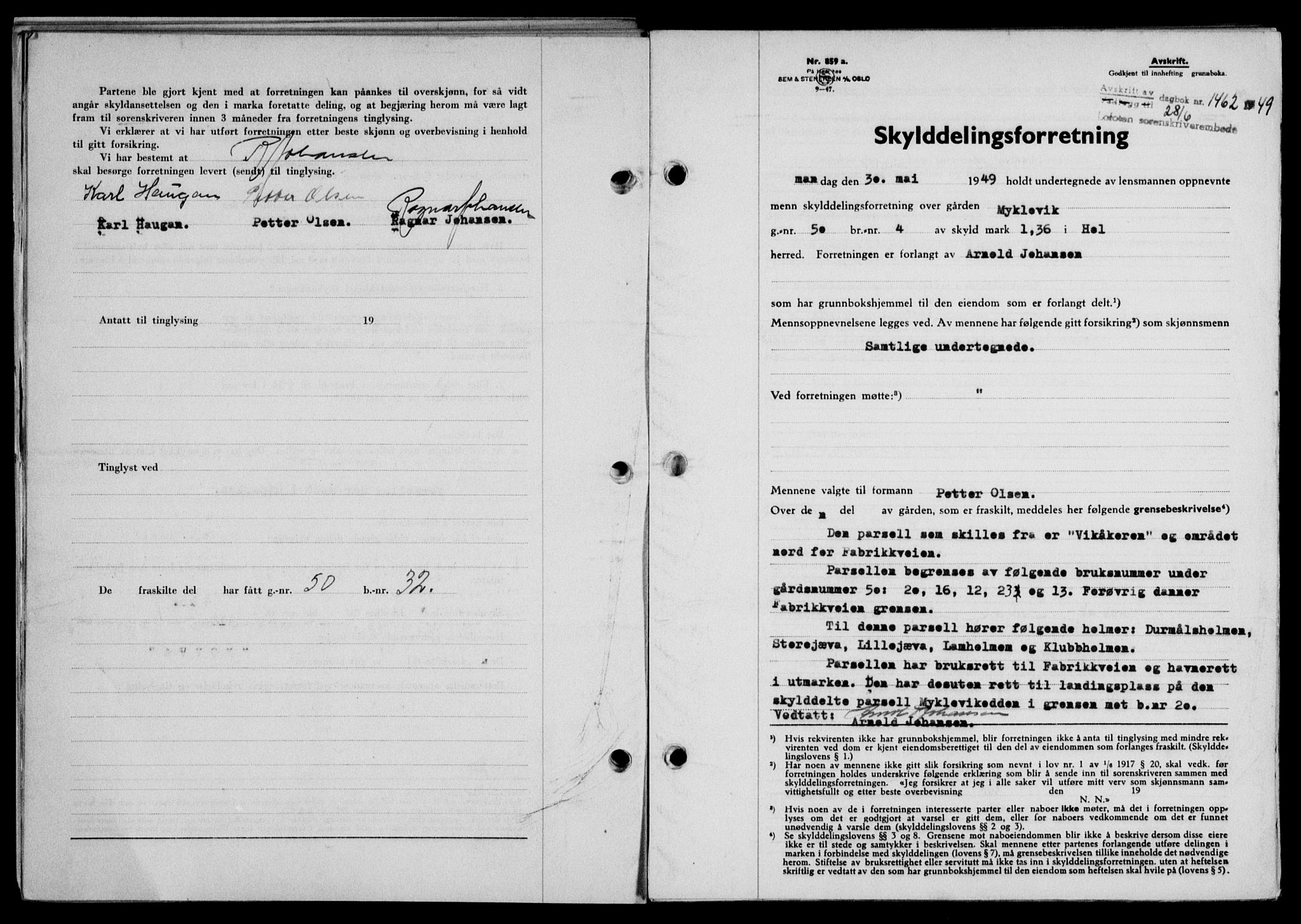 Lofoten sorenskriveri, SAT/A-0017/1/2/2C/L0021a: Mortgage book no. 21a, 1949-1949, Diary no: : 1462/1949
