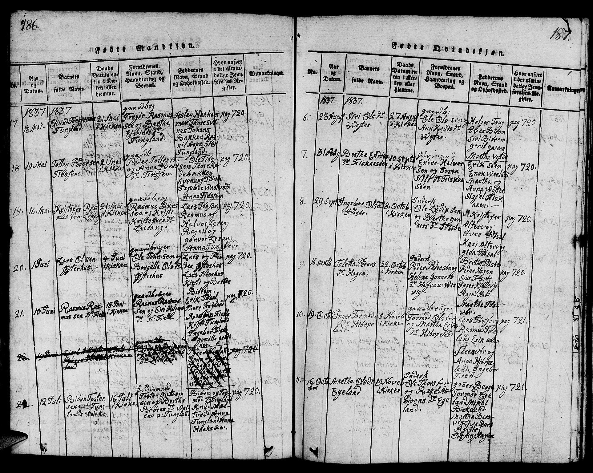 Strand sokneprestkontor, AV/SAST-A-101828/H/Ha/Hab/L0001: Parish register (copy) no. B 1, 1816-1854, p. 186-187