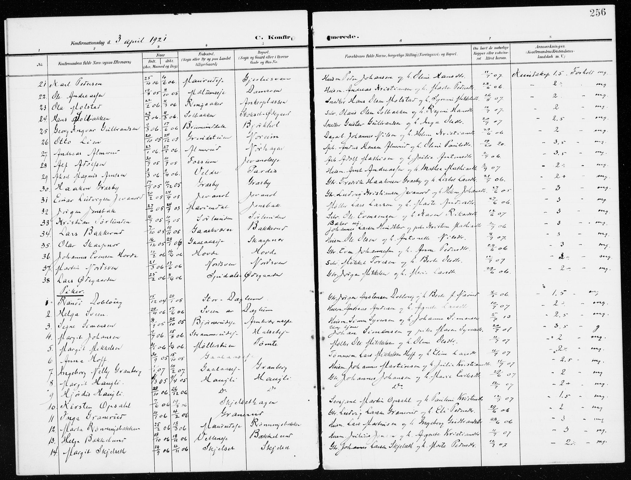 Furnes prestekontor, SAH/PREST-012/K/Ka/L0001: Parish register (official) no. 1, 1907-1935, p. 256