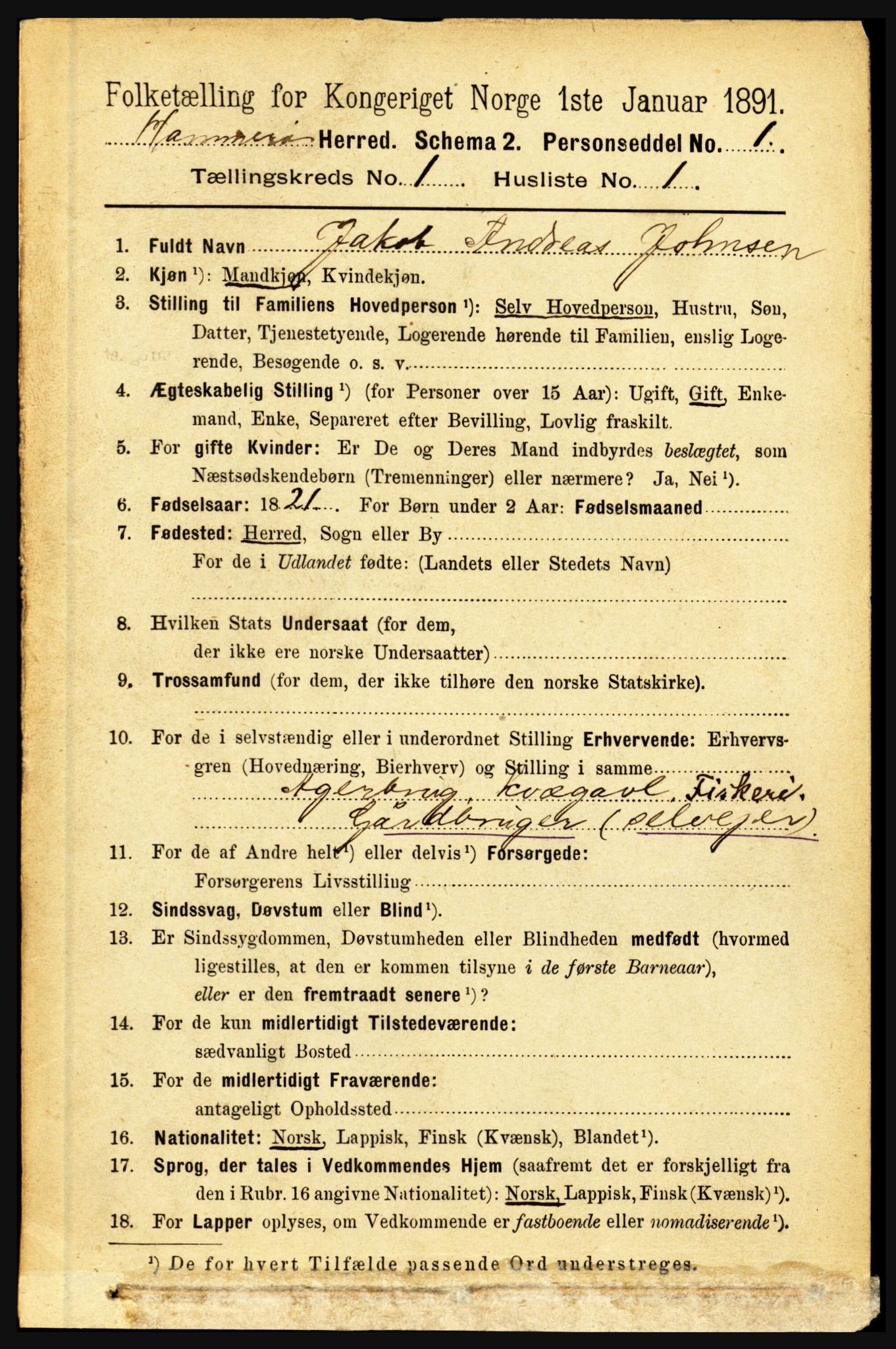 RA, 1891 census for 1849 Hamarøy, 1891, p. 77