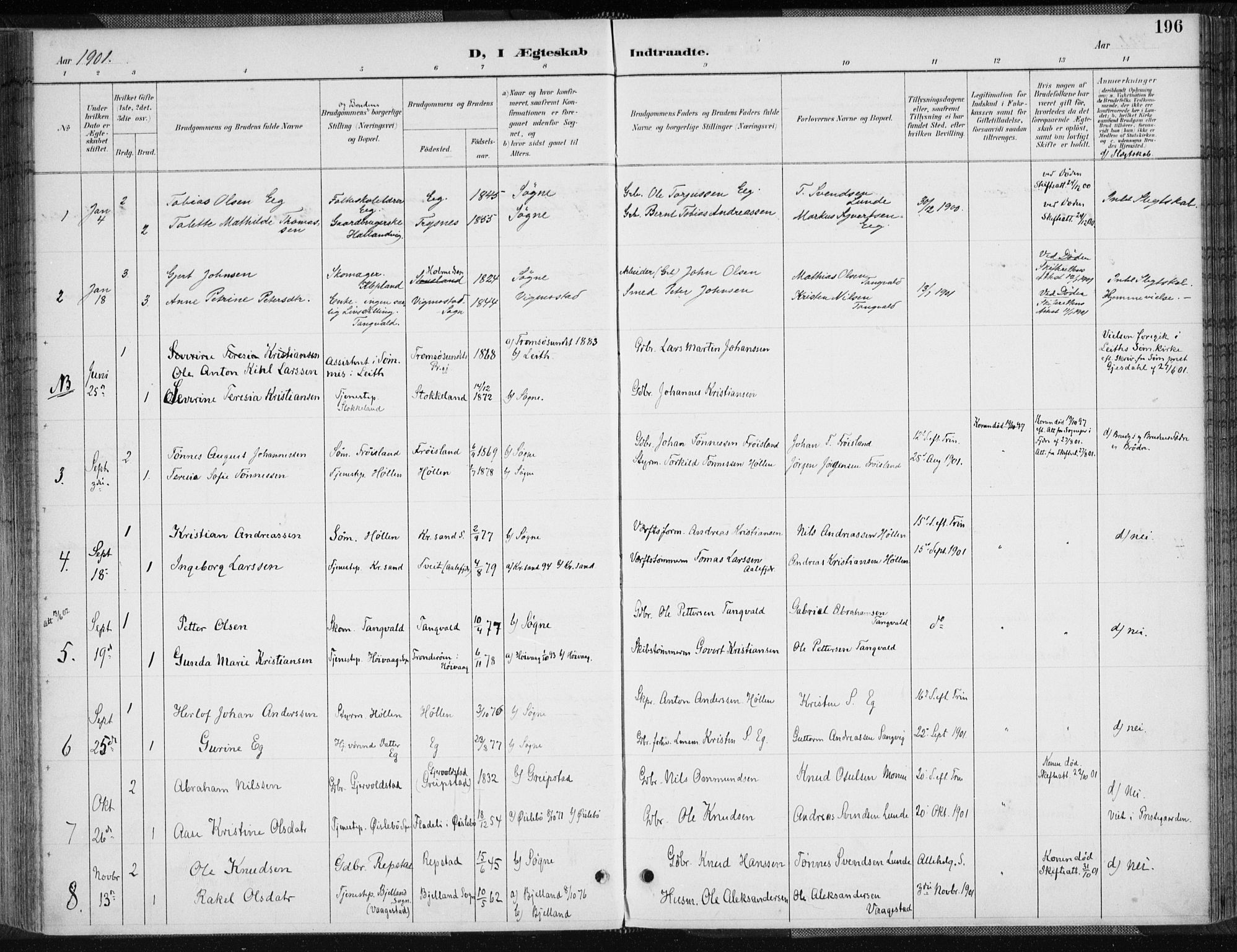 Søgne sokneprestkontor, SAK/1111-0037/F/Fa/Fab/L0013: Parish register (official) no. A 13, 1892-1911, p. 196