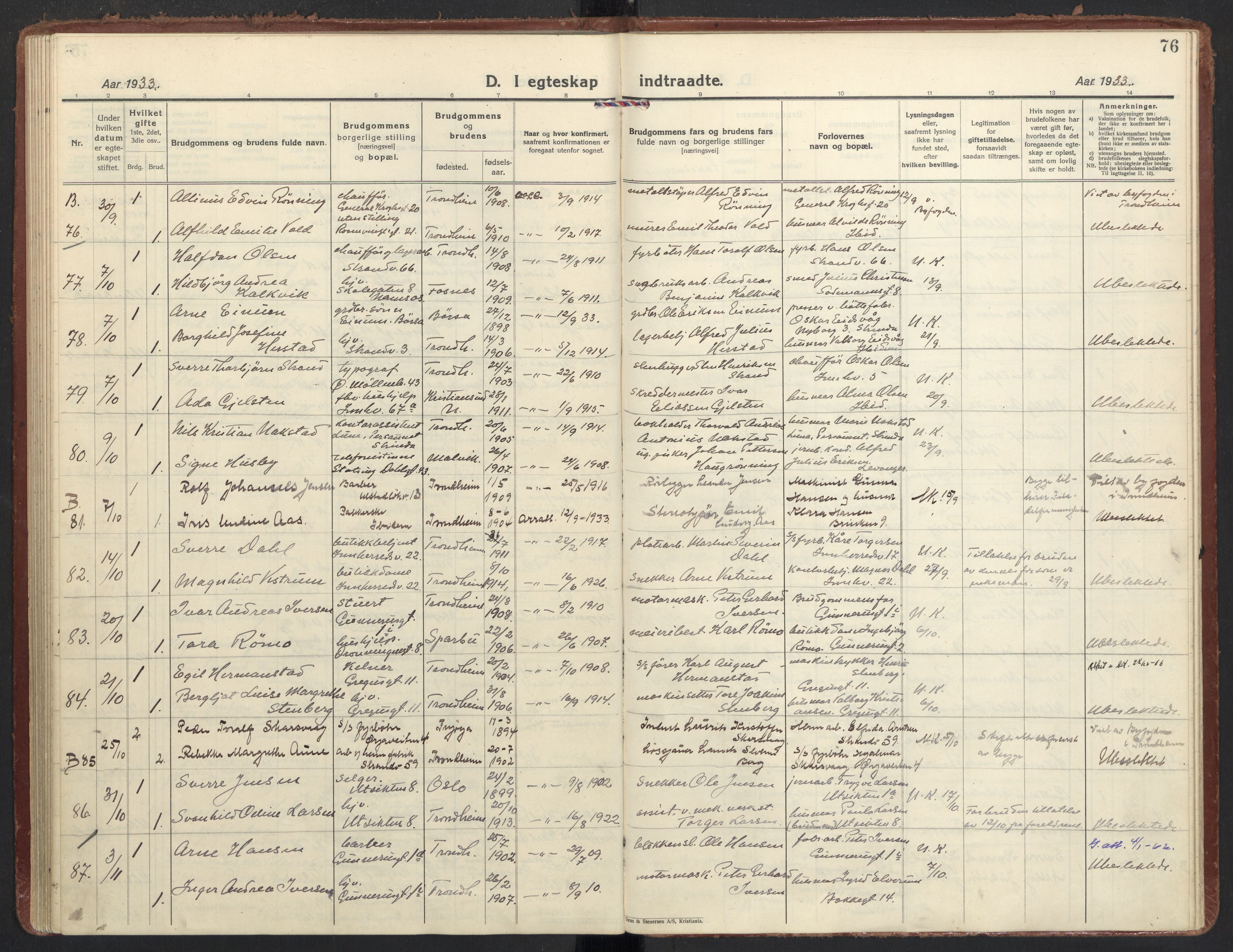 Ministerialprotokoller, klokkerbøker og fødselsregistre - Sør-Trøndelag, AV/SAT-A-1456/605/L0249: Parish register (official) no. 605A11, 1925-1936, p. 76