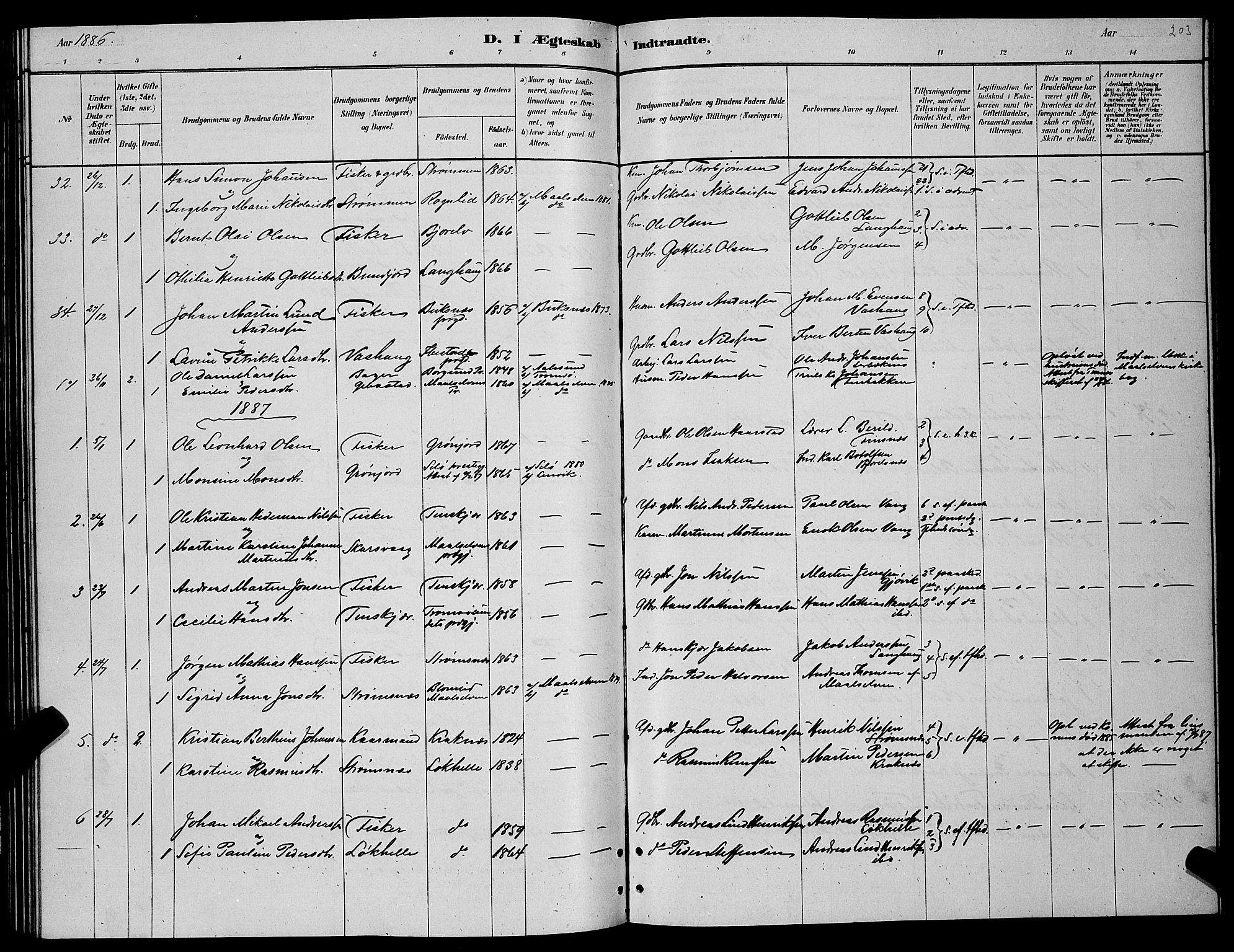 Lenvik sokneprestembete, SATØ/S-1310/H/Ha/Hab/L0006klokker: Parish register (copy) no. 6, 1881-1889, p. 203