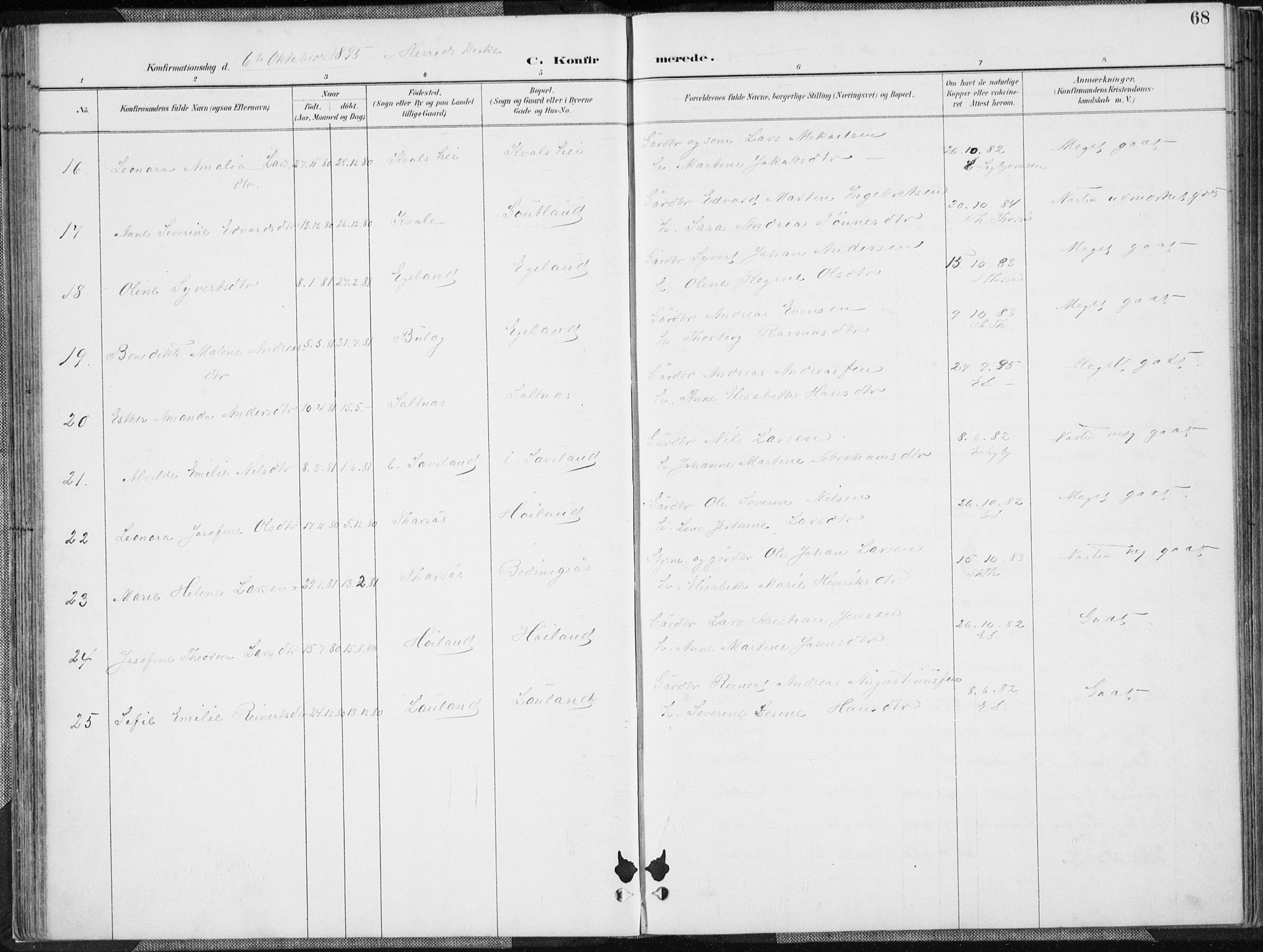 Herad sokneprestkontor, AV/SAK-1111-0018/F/Fa/Faa/L0006: Parish register (official) no. A 6, 1887-1907, p. 68